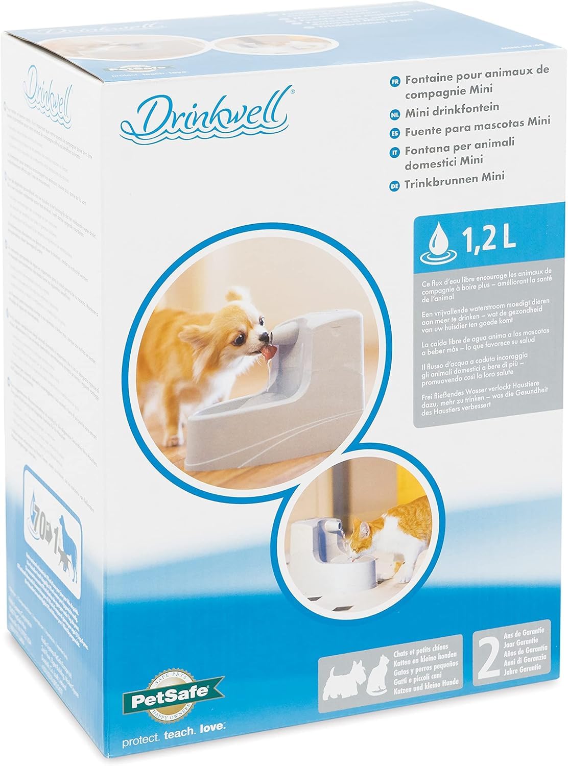 PetSafe Drinkwell Mini 1.2 litros - Fuente de Agua para Gatos y Perros Pequeños - Fuente Pequeña, Chorro en Cascada, Silenco, Flujo Ajustable, Agua Filtrada - Filtro Incluido