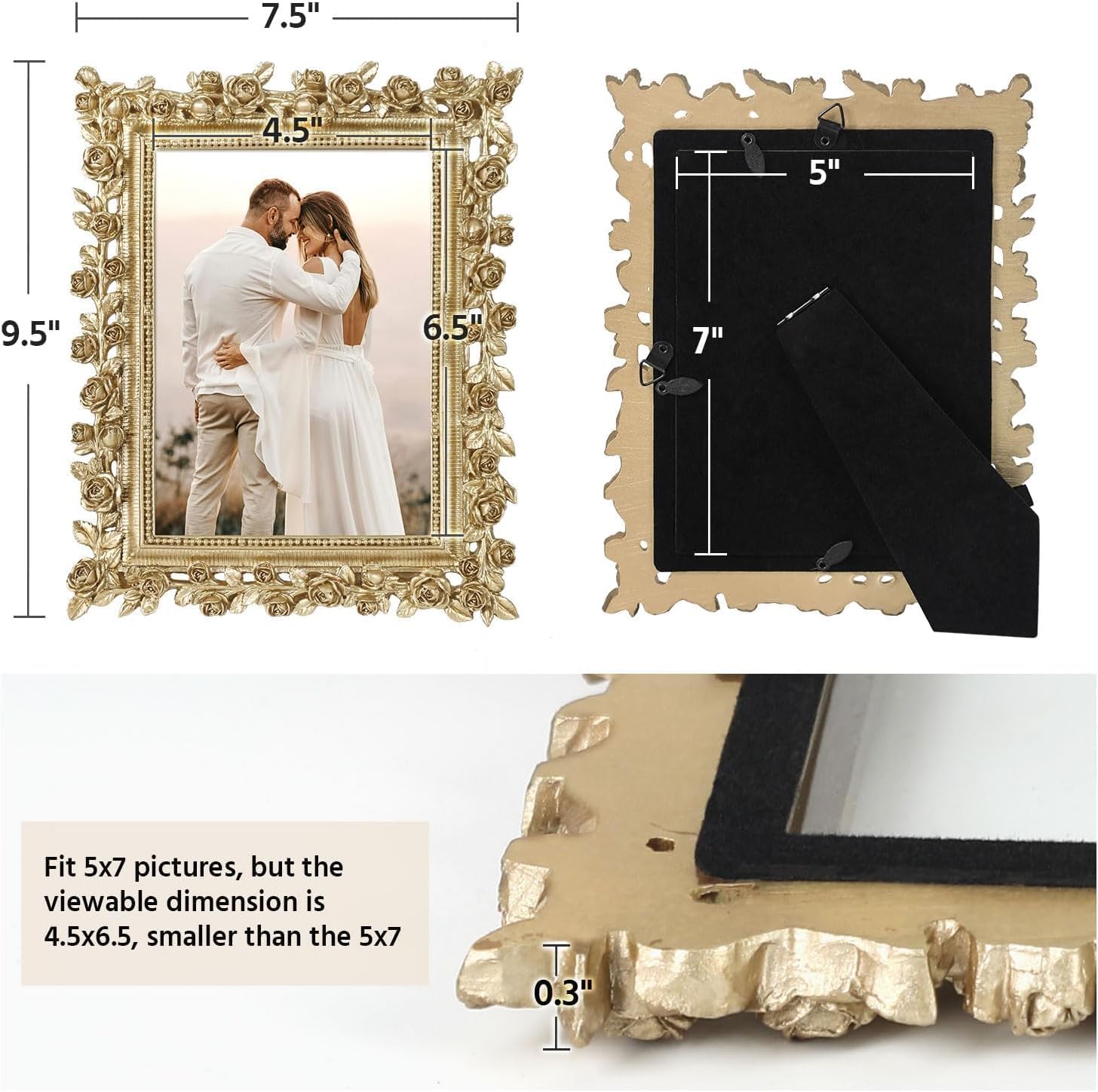 5x7 Wedding Frame Gold, 2 Pack Decorative Picture Frame with Stand for Tabletop Shelf Decor, Antique Brass Floral Photo Frame for Christmas Thanksgiving Engagement Gift