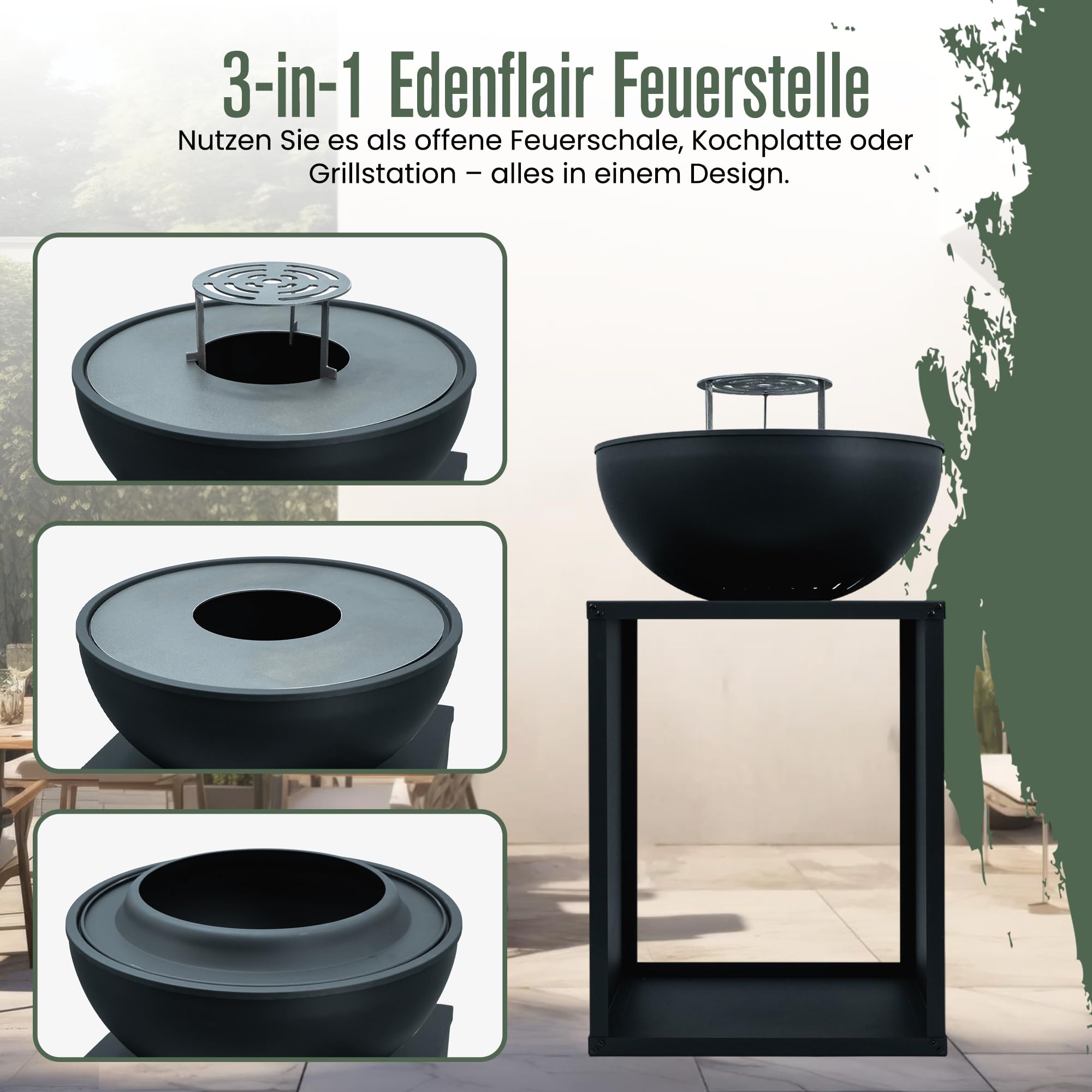 Feuerschale, Feuerstelle, 2 in 1, BBQ-Funktion, Raucharme Feuerkorb, Feuertonne, Holzofen, Deko Terrasse, Außenofen, Gartenkamin, Aufbewahrung, Firepit, Stahl, 58 × 58 × 85 cm, Edenflair
