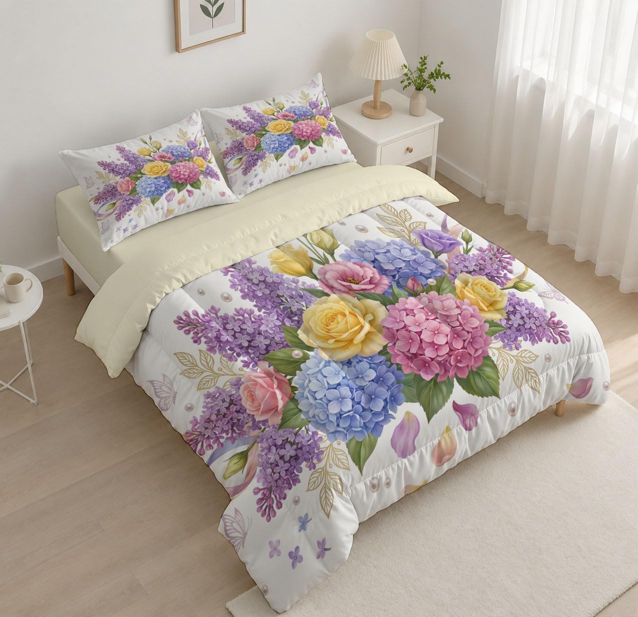 French Flowers Comforter Set Full Size, Lavender Hydrangea Print Breathable Bedding Set for Girls Boys Teens, Light Purple Quilt Duvet with 2 Pillow Cases
