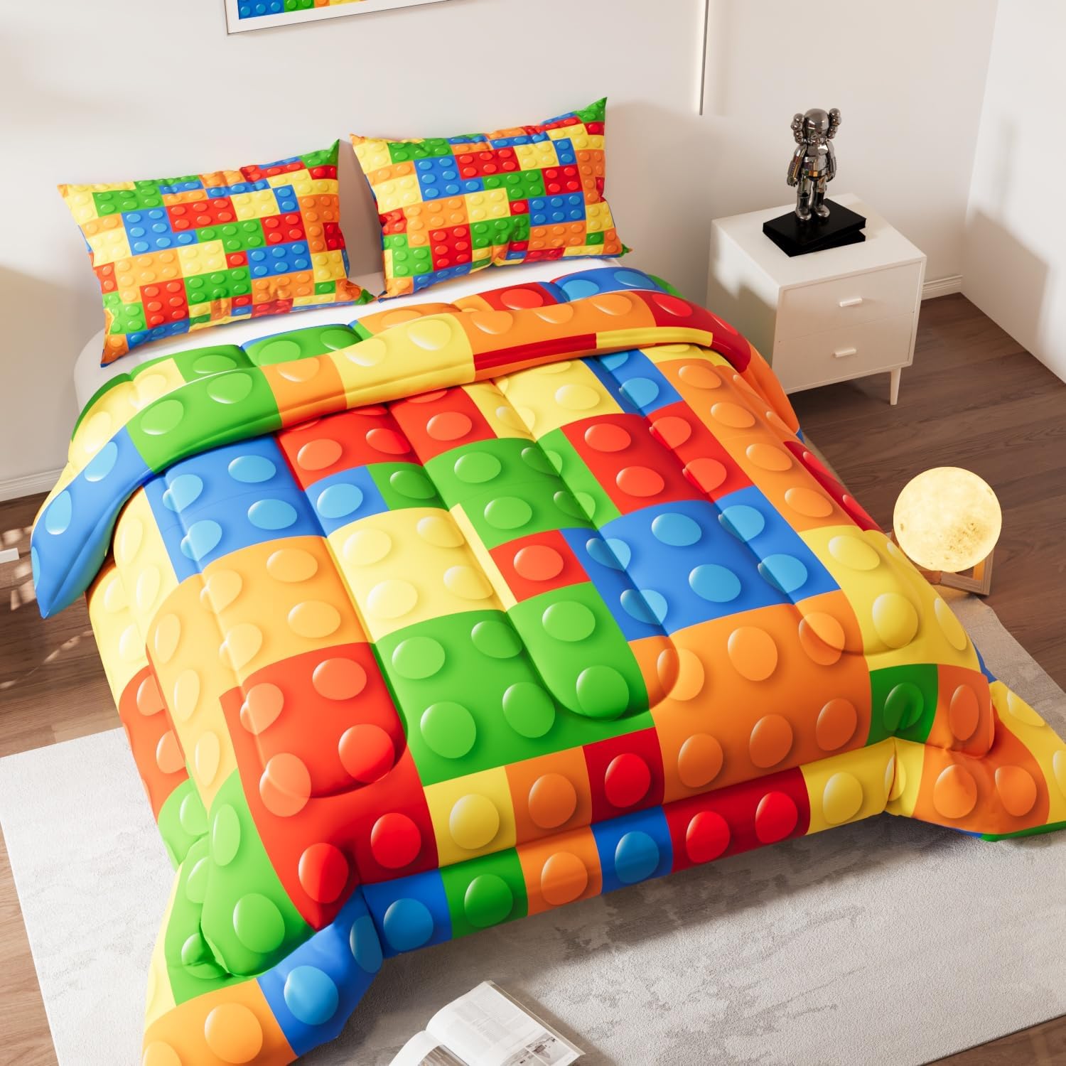 Building Blocks Comforter Set, Colorful Theme 3D Pattern for Kids Teens Adults,Decorative Bedding Comforter Sets with 2 Pillow Shams, Twin Size