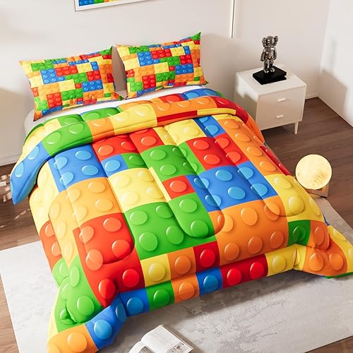 Miniatura 2 de Namoxpa - Juego de edredón con temática de bloques de construcción, patrón 3D colorido para niños, adolescentes y adultos, juegos de edredón