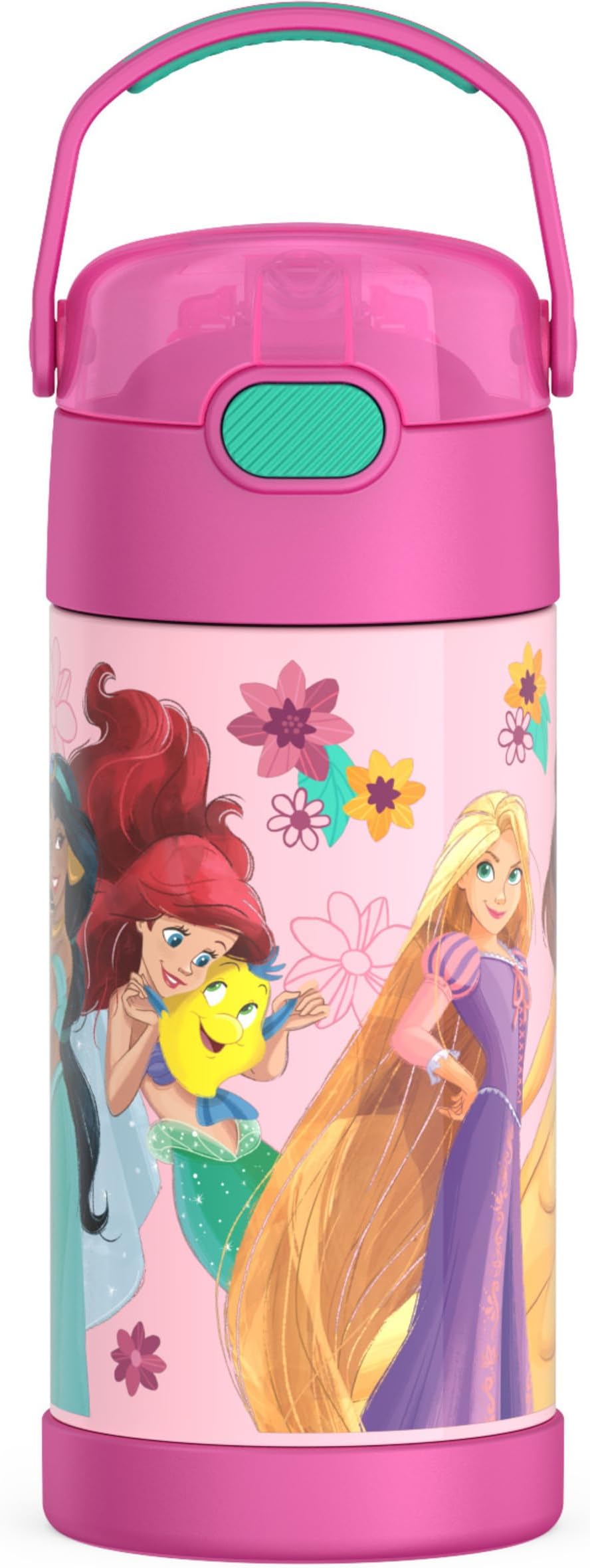 THERMOS FUNTAINER Water Bottle with Straw - 12 Ounce - Kids Stainless Steel Vacuum Insulated Water Bottle with Lid, Princesses
