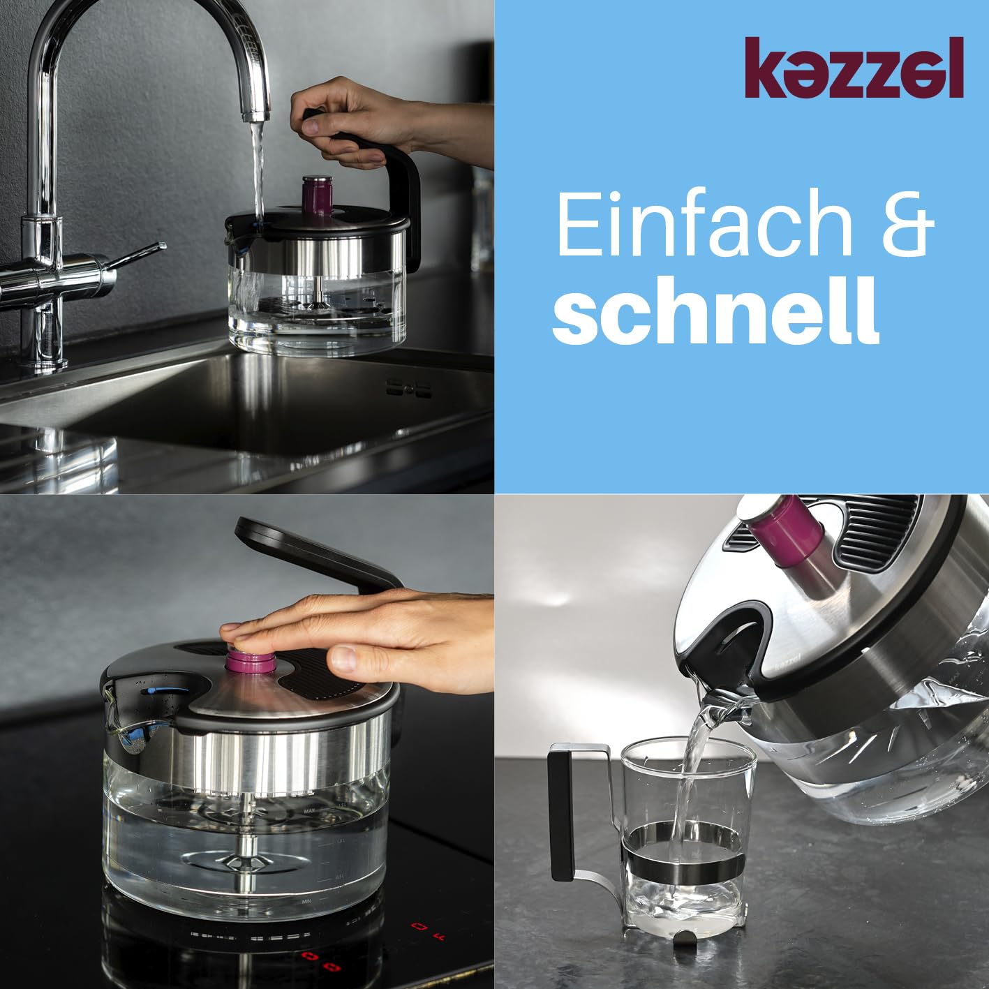 Kezzel® innovativer Wasserkessel für Induktionsherde 1,5 Liter | Automatische Abschaltfunktion, kein Überkochen | Minimalistisches Design, Edelstahl & Glas, leicht zu reinigen, spülmaschinengeeignet