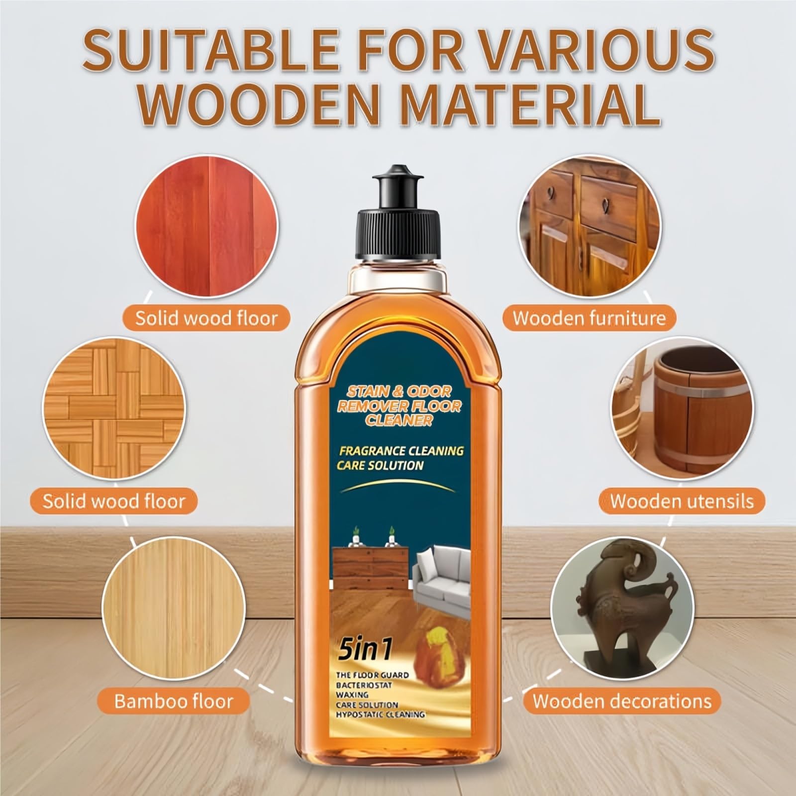 Quitamanchas y olores de 500 ml. Limpiador de Pisos. Fragancia Duradera. Potente quitamanchas. Solución de Limpieza 5 en 1 for Pisos. Brillo Natural. Eliminador de rayones.