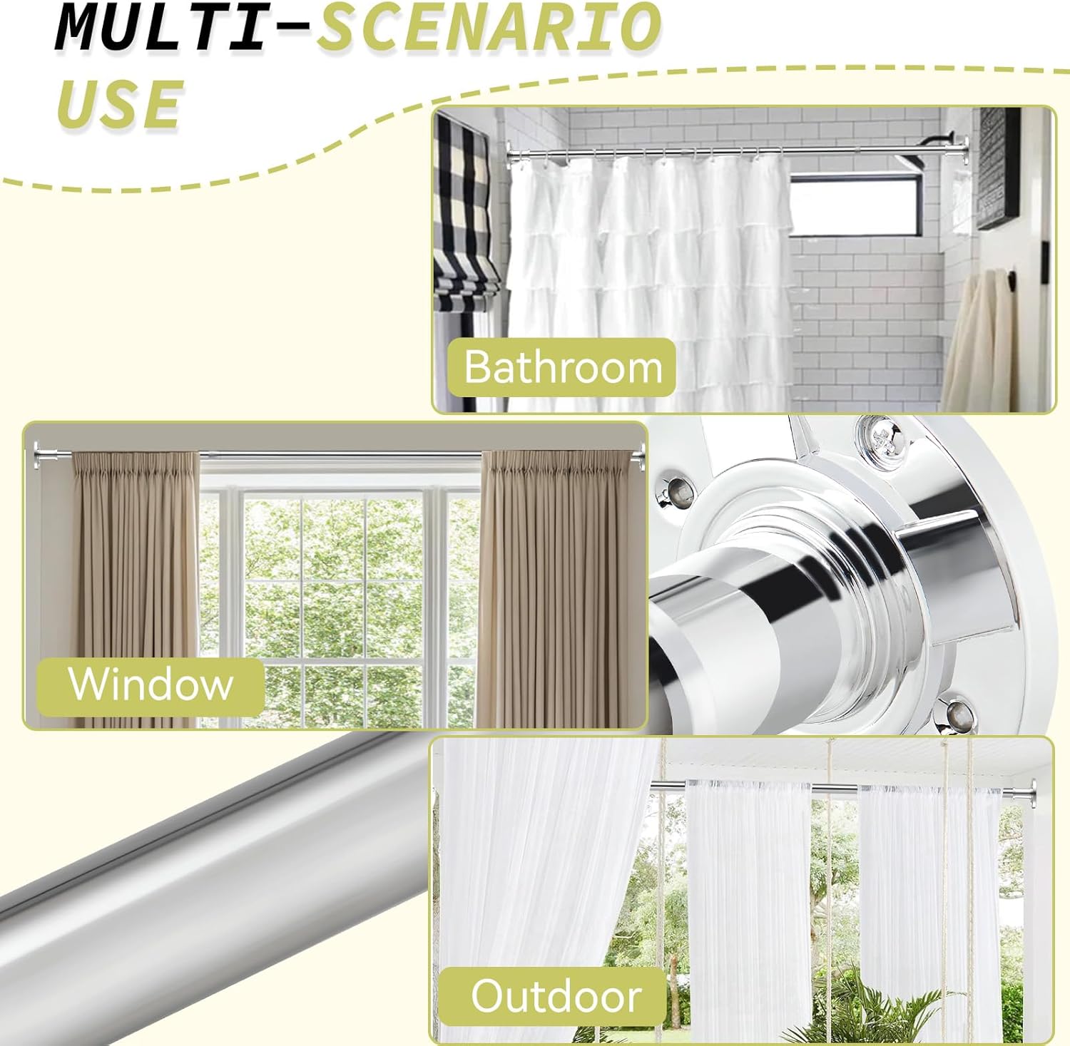 Tension Curtain Rod 31 to 124 in Extra Long Curtain Rod Adjustable Heavy Duty Silver Spring Shower Curtain Rod for Bathroom Windows Room Divider Never Rust