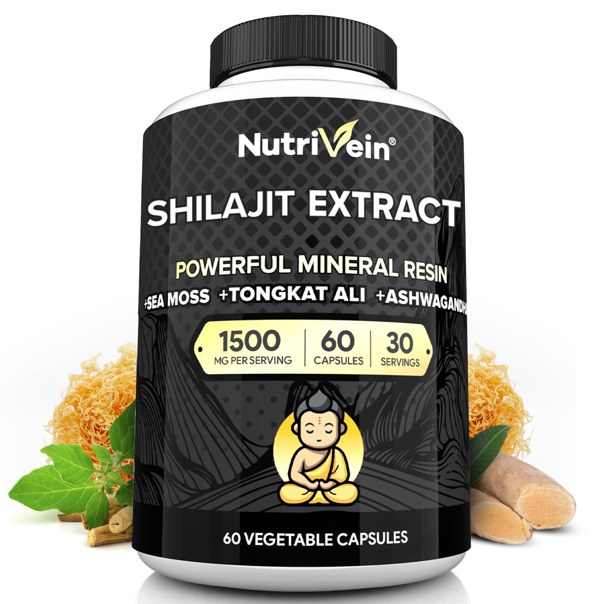 Nutrivein Premium Pure Himalayan Shilajit for Men and Women - 1500 mg - 60 Capsules- Powerful Resin Extract Blended with Irish Sea Moss, Tongkat Ali, & Ashwagandha - Vitality, Clarity, & Performance