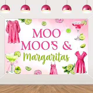 Moo Moos and Margaritas Party Decorations Backdrop, Pink and Green, 5 * 3ft | Moo Moos & Margaritas Theme, Margs and Matrimony, Bachelorette Party Decor, Mexican Birthday Bridal Shower Wedding Supplies