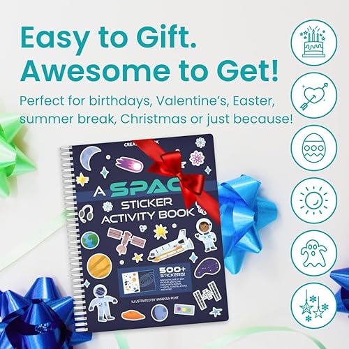 Miniatura 7 de CUPKIN Libro de calcomanías del espacio exterior para niños de 2 a 4 años, más de 500 calcomanías para niños, 12 páginas para colorear, 12 escenas