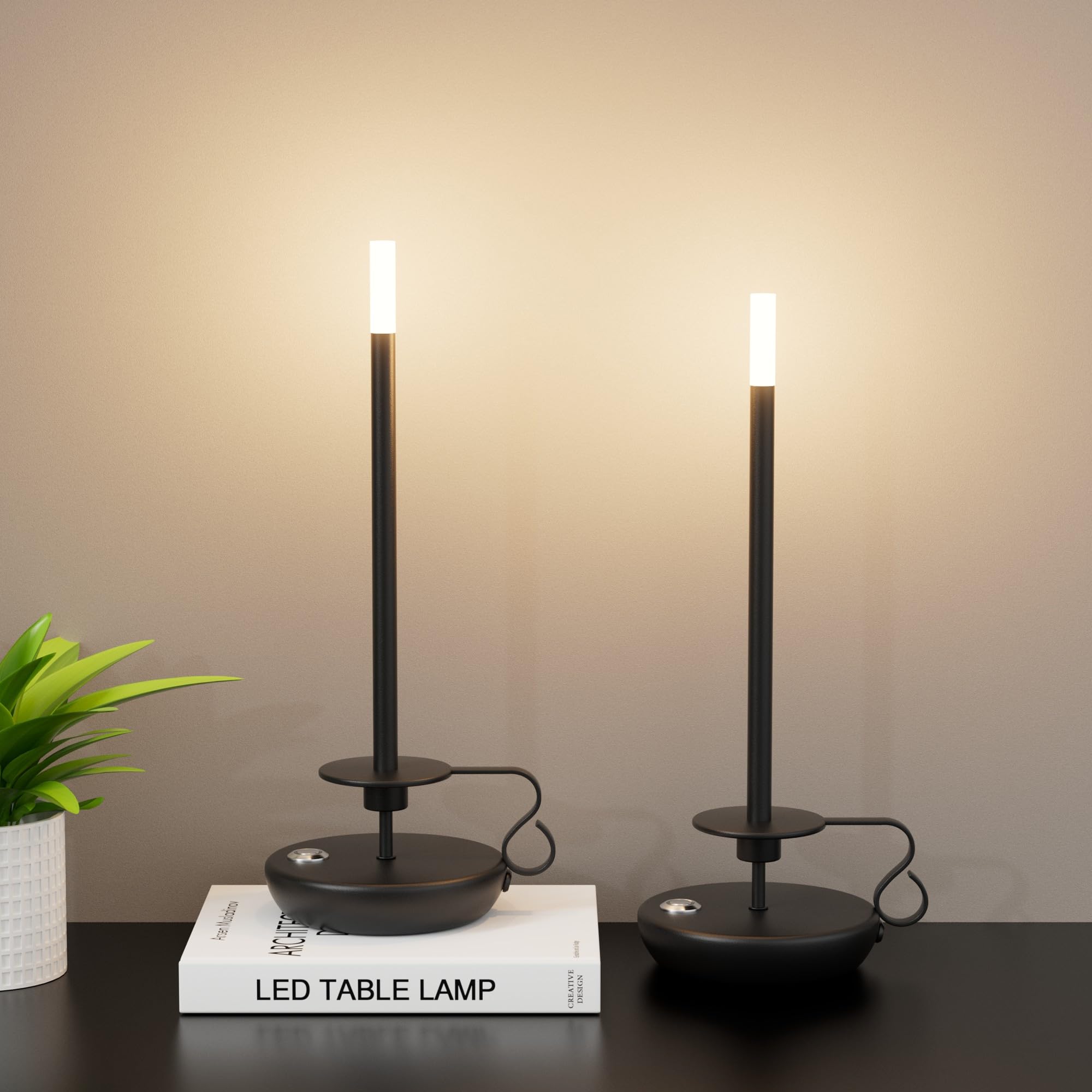 2 Pack Cordless LED Table Lamp, Battery Powered Stepless Dimmable Rechargeable Table Lamp for Dinner/Dining/Bedroom/Bar/Camping(Black)