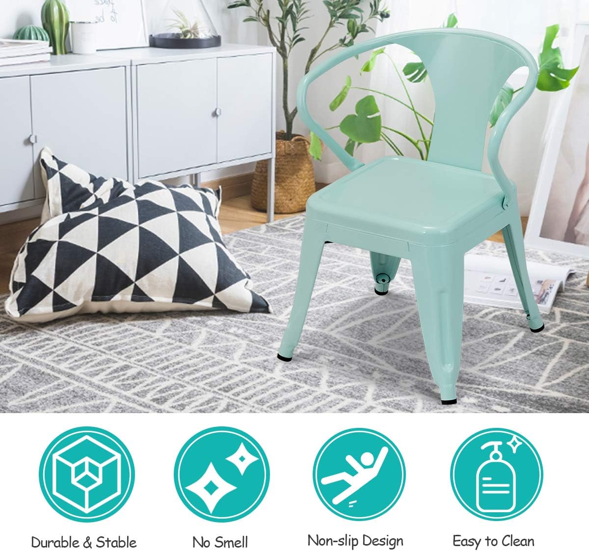 Costzon Set of 2 Kids Steel Chair w/Backrest Industrial Activity Chair, Stackable for Indoor/Outdoor Use, Preschool, Bedroom, Playroom, Steel Chair for Toddlers Boys & Girls (Mint Green, 2 Chairs)