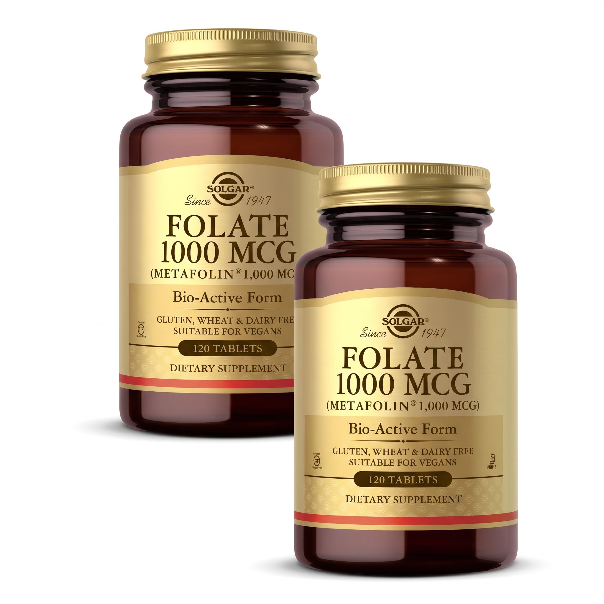Solgar Folate 1000 mcg, 120 Tablets - 1000 mcg Bio-Active Metafolin - Vegan, Gluten Free, Dairy Free, Kosher - 120 Servings,(Pack of 2)