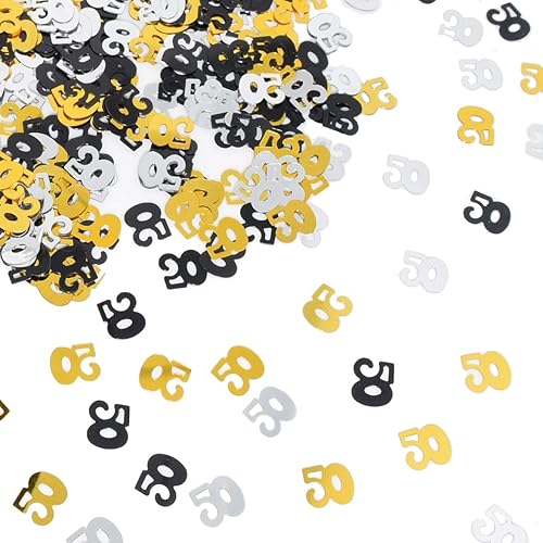 Confeti brillante número 50 para decoración de fiesta de aniversario de 50 cumpleaños, color negro dorado y plateado, 1.59 onzas