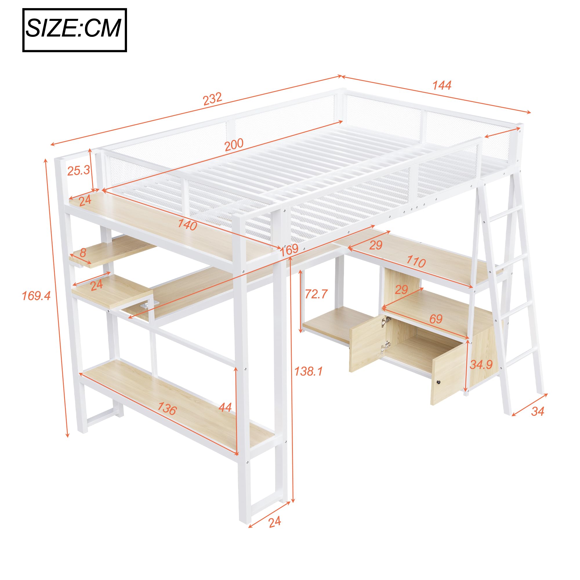 Letto a soppalco Gaming 140x200cm con spazio di lavoro integrato ,metallo letto a castello matrimoniale con illuminazione a LED e spazio di archiviazione,struttura letto140x200 per ado/ragazzi,Bianco