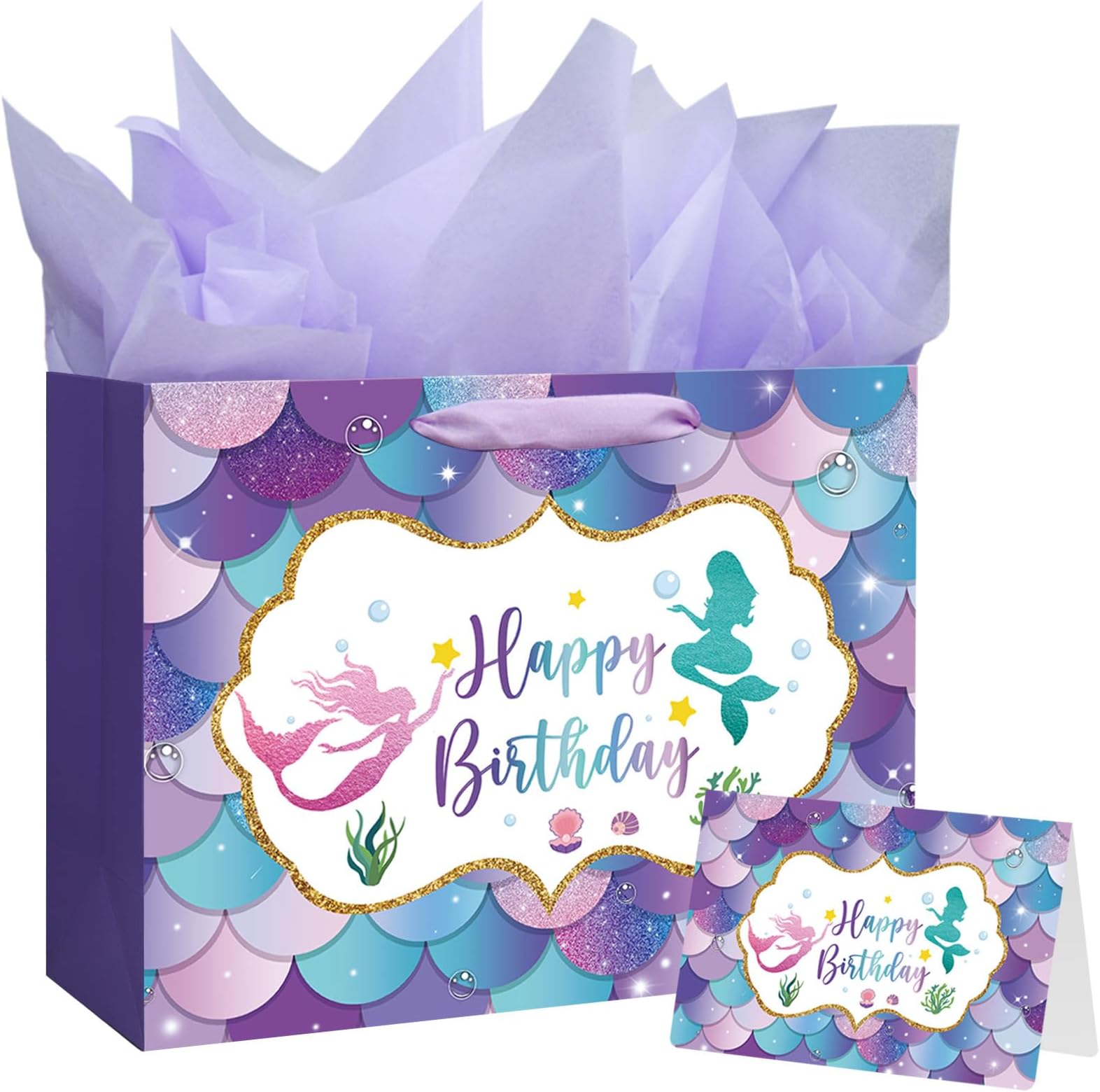 Laidans 13" Large Mermaid Happy Birthday Gift Bag with Handle, Tissue Paper and Card for Kids Girls