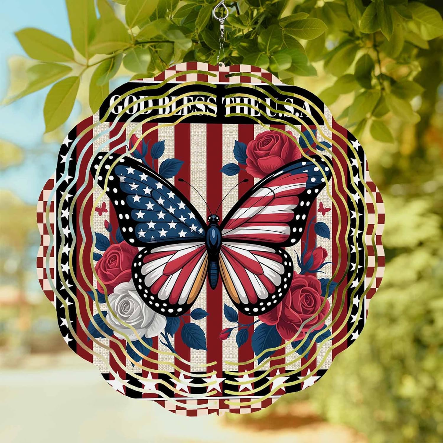 God Bless America Wind Spinner for Garden Yard 3D Stainless Steel Hanging Wind Spinners, Butterflies Flowers Plaid Spinners Outdoor Metal Decor for Lawn Patio Home