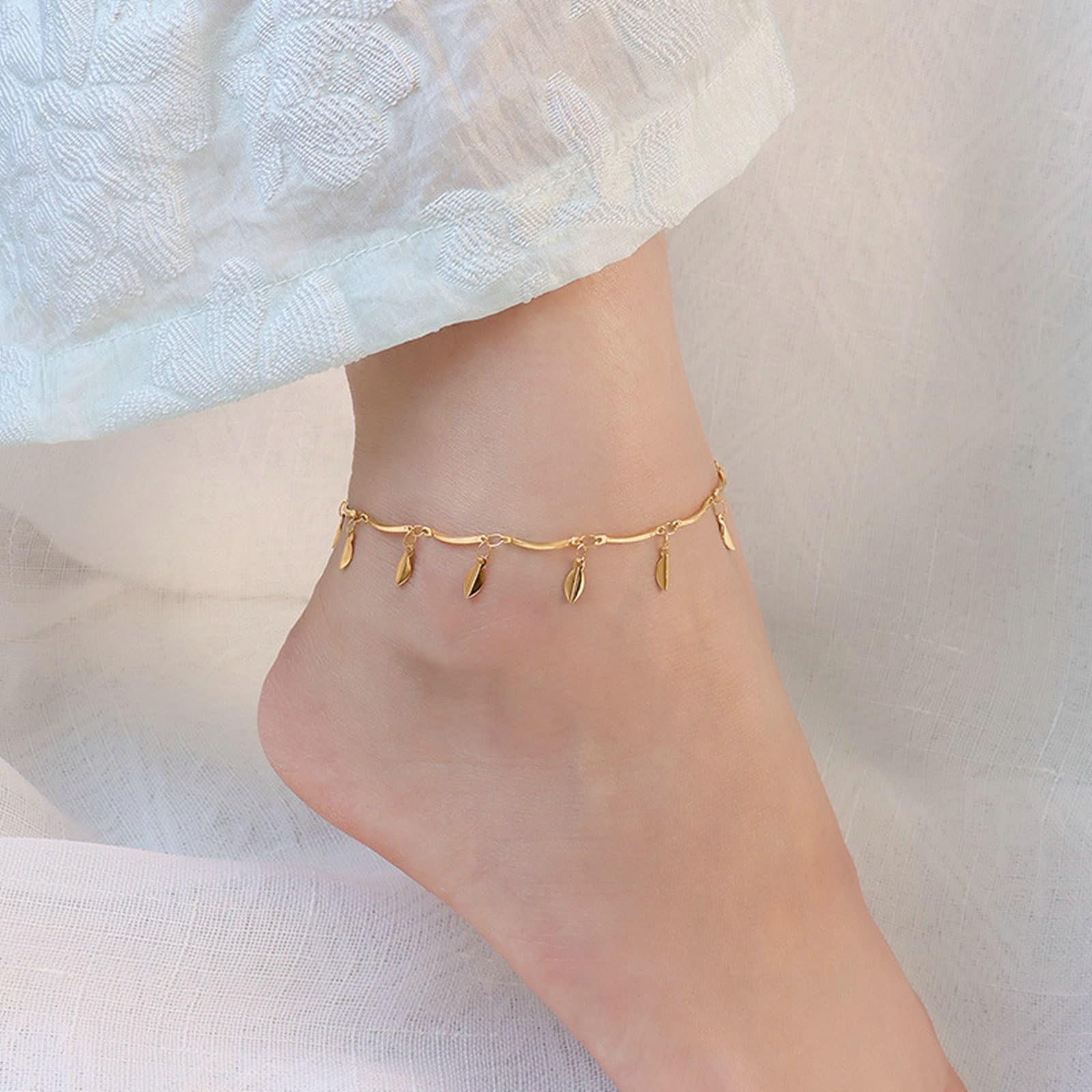 Cavigliera da donna vintage in oro giallo 14 K 585, Au585, con foglie d'oro, stella, per adolescenti, estate, spiaggia, per mamma e ragazza, lunghezza 25 cm