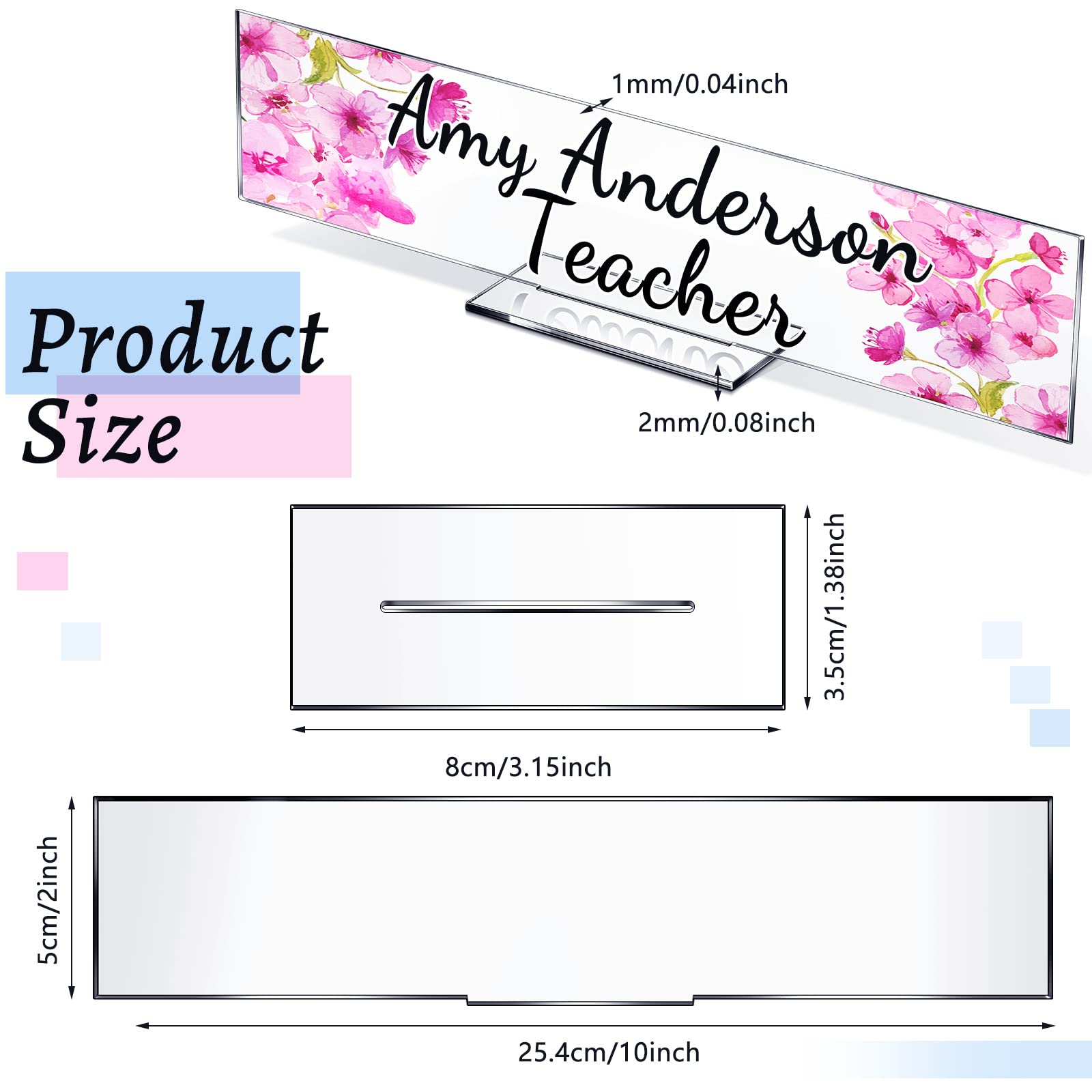 Yookeer Paquete de 12 placas de identificación acrílicas personalizadas para escritorio, panel transparente, hoja acrílica rectangular en blanco para decoración de escritorio de oficina (2 x 10