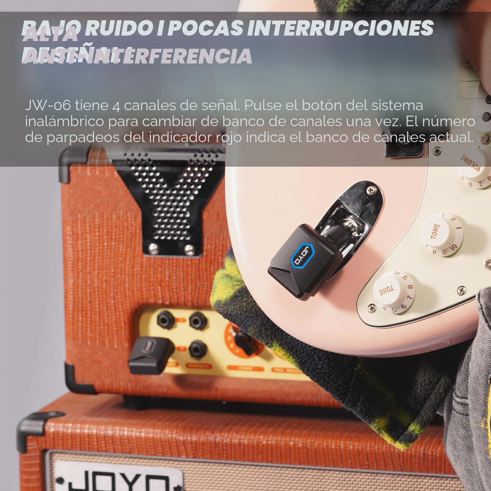 JOYO Transmisor y receptor inalámbrico de guitarra de 5,8 GHz con caja de carga, 4 canales de señal para guitarrista, bajo e instrumentos eléctricos (JW-06)
