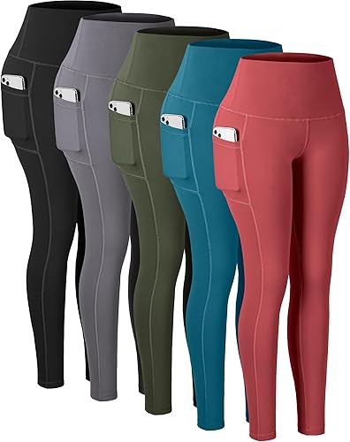 Miniatura 13 de CHRLEISURE - Calzas con bolsillos para mujeres, pantalones de yoga de cintura alta con control de abdomen para entrenamiento Paquete de 5