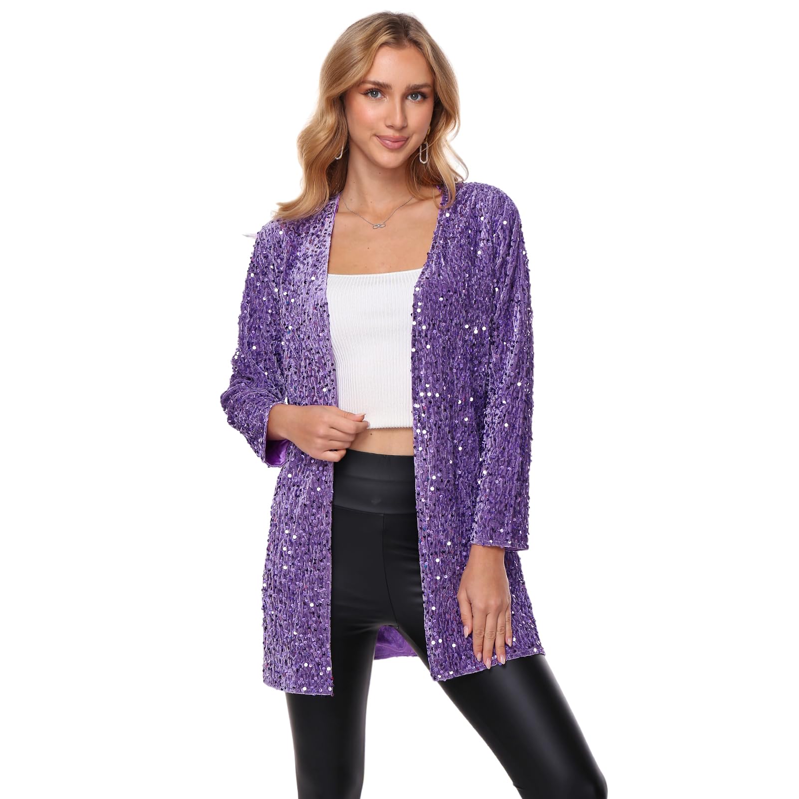 THANKPEARL Women's Sequin Jacket Sparkly Blazer Open Front Glitter Cardigan Long Sleeve Coat for Casual Party Cocktail