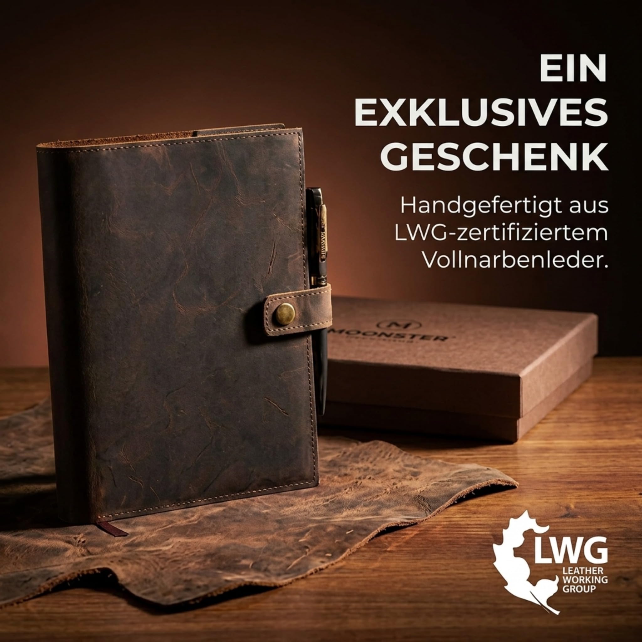 moonster Nachfüllbares Tagebuch Leder A5 – Notizbuch für Damen – Notizbuch Leder A5 - Ledereinband für Notizbücher mit Stift – Einband Liniert – Edles Notizbuch - Leather Cover Journal