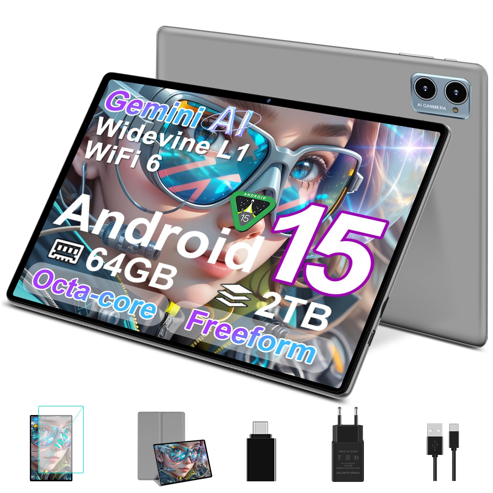 Tableta Android 15 Octa Core de 10 Pulgadas con 64 GB ROM +2 TB TF | 5G + 2.4G WiFi | Gemini AI |FHD | GMS | 8MP + 5MP | Tipo C, Tableta táctil con Funda -Gris