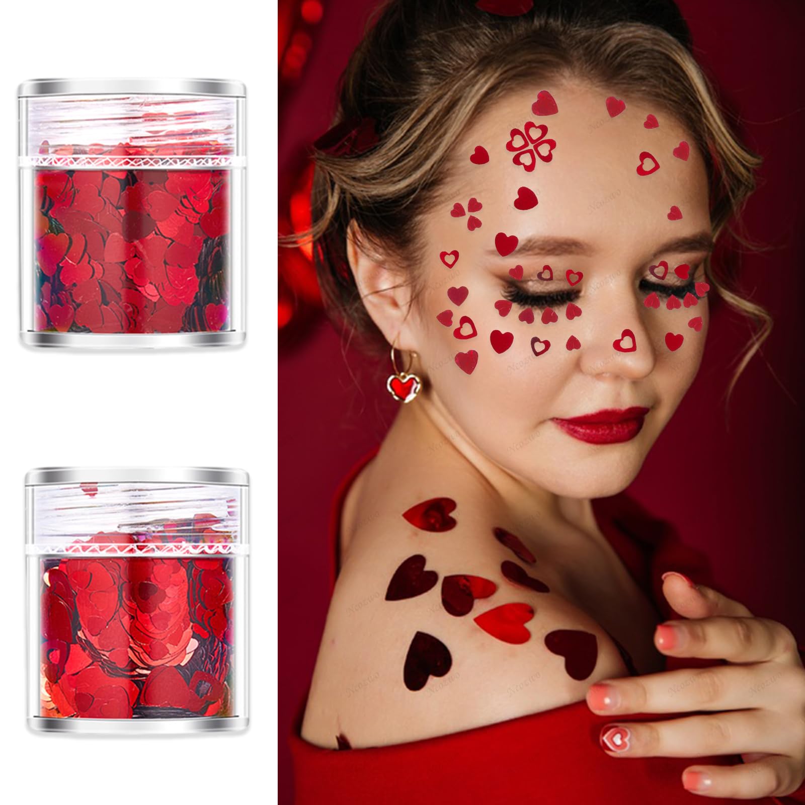 2 Pots Glitter Red Heart Sequins for Valentine's Day Eye Face Body Heart Glitter Holographic Sequins Stickers Mixed Heart Glitter Nail Sparkle for DIY Crafts Nail Art Decor Party Face Body Make Up