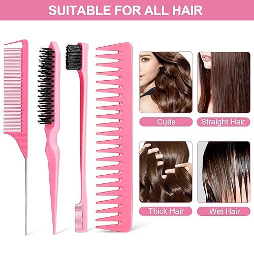 Vista 7 de Juego de 4 peines para el cabello, cepillo de cerdas para borde, peine de cola de rata y peine de dientes anchos para mujeres, niñas y hombres