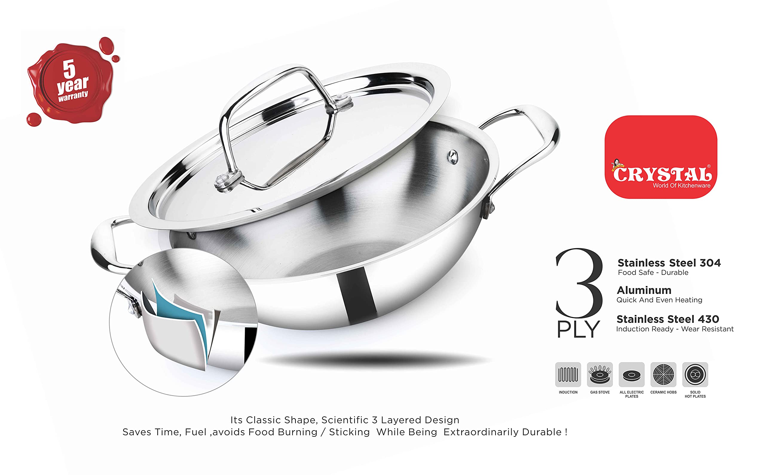 Crystal TriPro -Triply Stainless Steel Kadai with Lid - 20 cm (Induction Bottom) 3