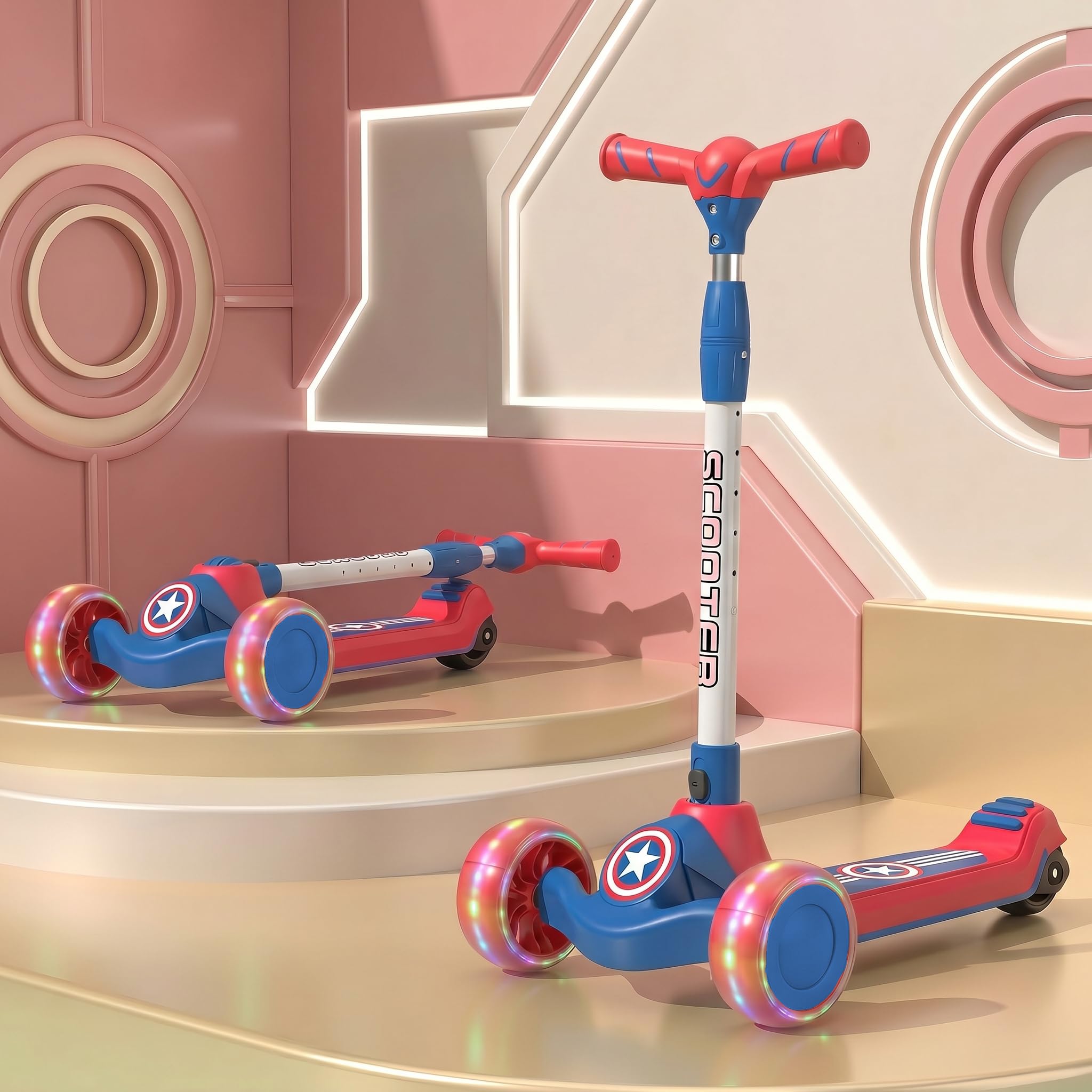StarAndDaisy kick Scooter for Kids 3-12 Years Boys & Girls / 3-Wheel Kick Scooter Boys & Girls with Pu Light Up LED Wheels/Skating Scooter 5 Level Adjustable Height and Easy Fold - Red -Blue-image-39