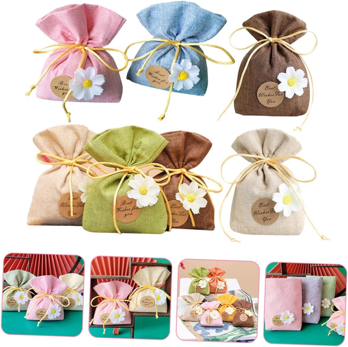 UTHCLO 7 Piece Linen Gift Bags Chrysanthemum Simple Decorative