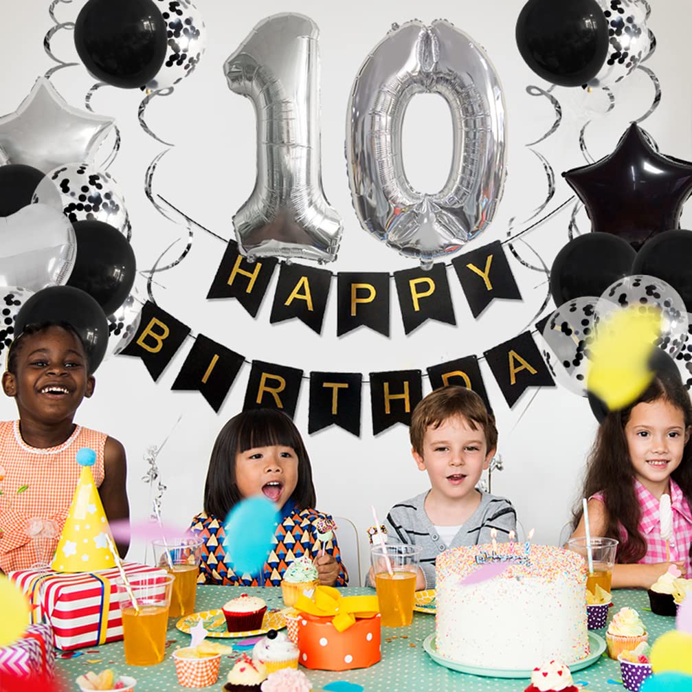 Houhounb Set di decorazioni per feste di compleanno nero per 18° compleanno banner a forma di cuore palloncini in lamina nera argento palloncini coriandoli palloncino ghirlanda di buon compleanno per