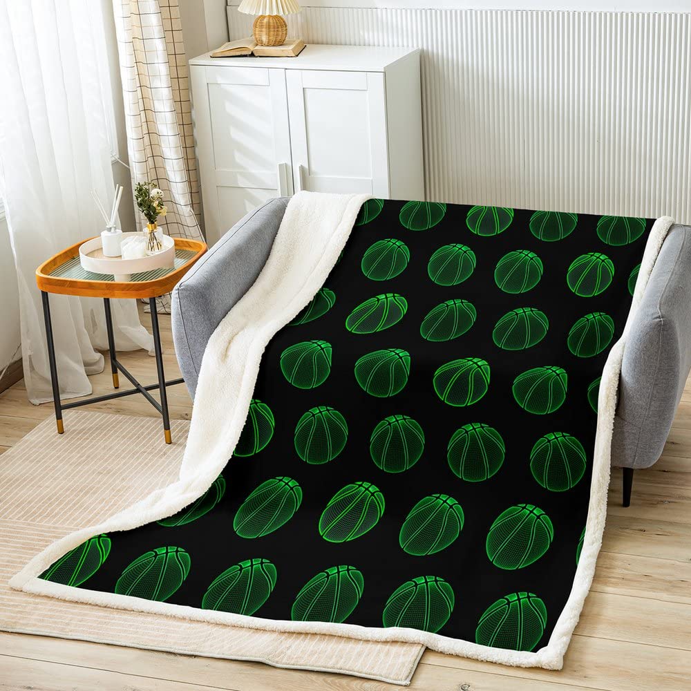 Coperta Sherpa per pallacanestro per giochi sportivi in pile per bambini decorazione giochi con palline verde neon coperta in peluche regalo per gli amanti del basket calda coperta sfocata regina 200