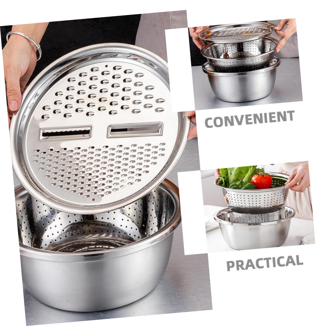 Homoyoyo 3-in-1 Gemüseschneider und Küchensieb aus Edelstahl mit Verdicktem Großem Rand Multifunktionalem Design für Kochen und Hausküchen