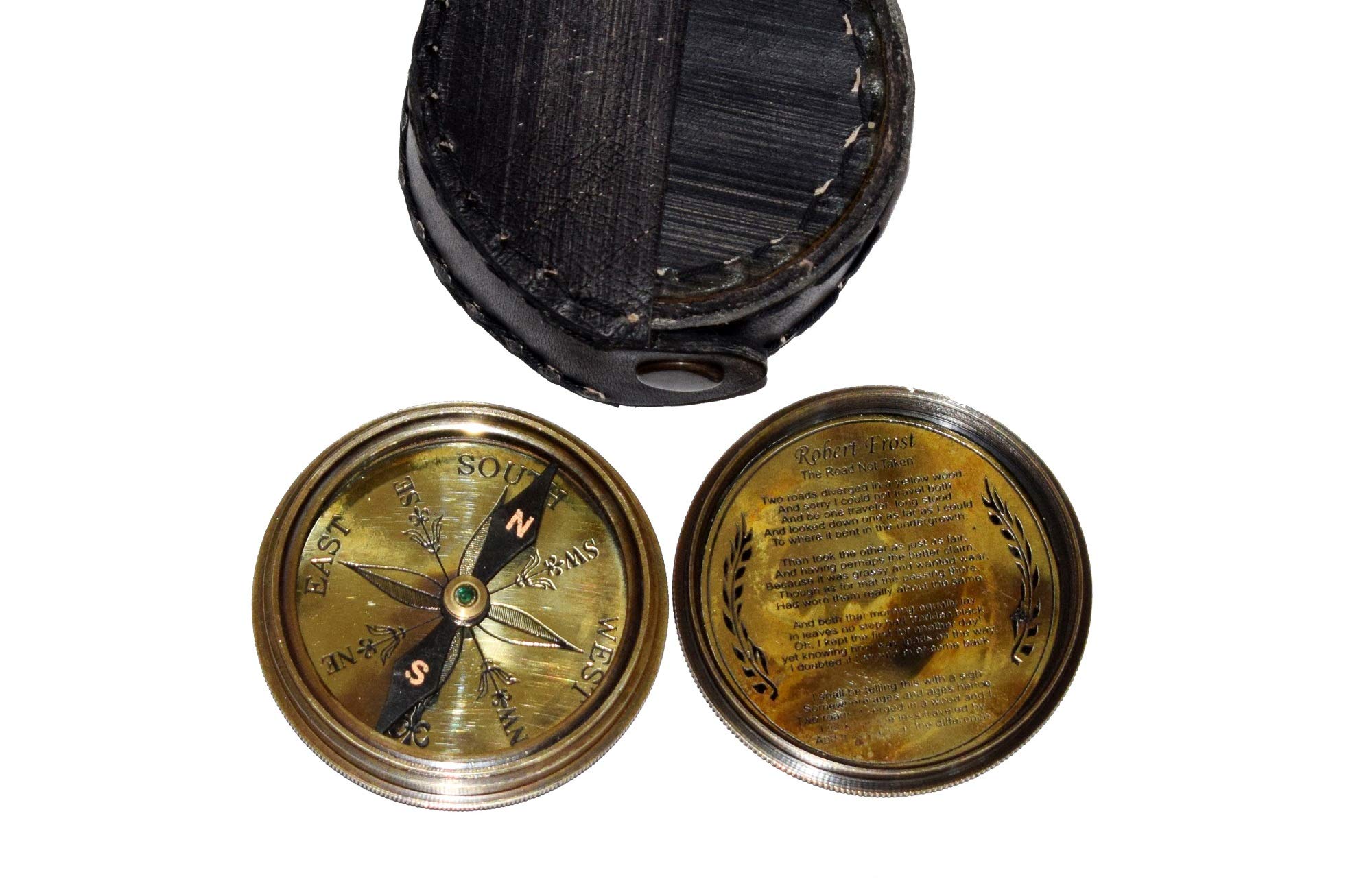 OLD MEMORIES GALLERY Robert Frost Poem Engraved Compass with Leather case, Unique Vintage Gift for All Occasion.Camping Compass, Boating Compass, Gift Compass, Graduation Day Gifts, Husband, Father
