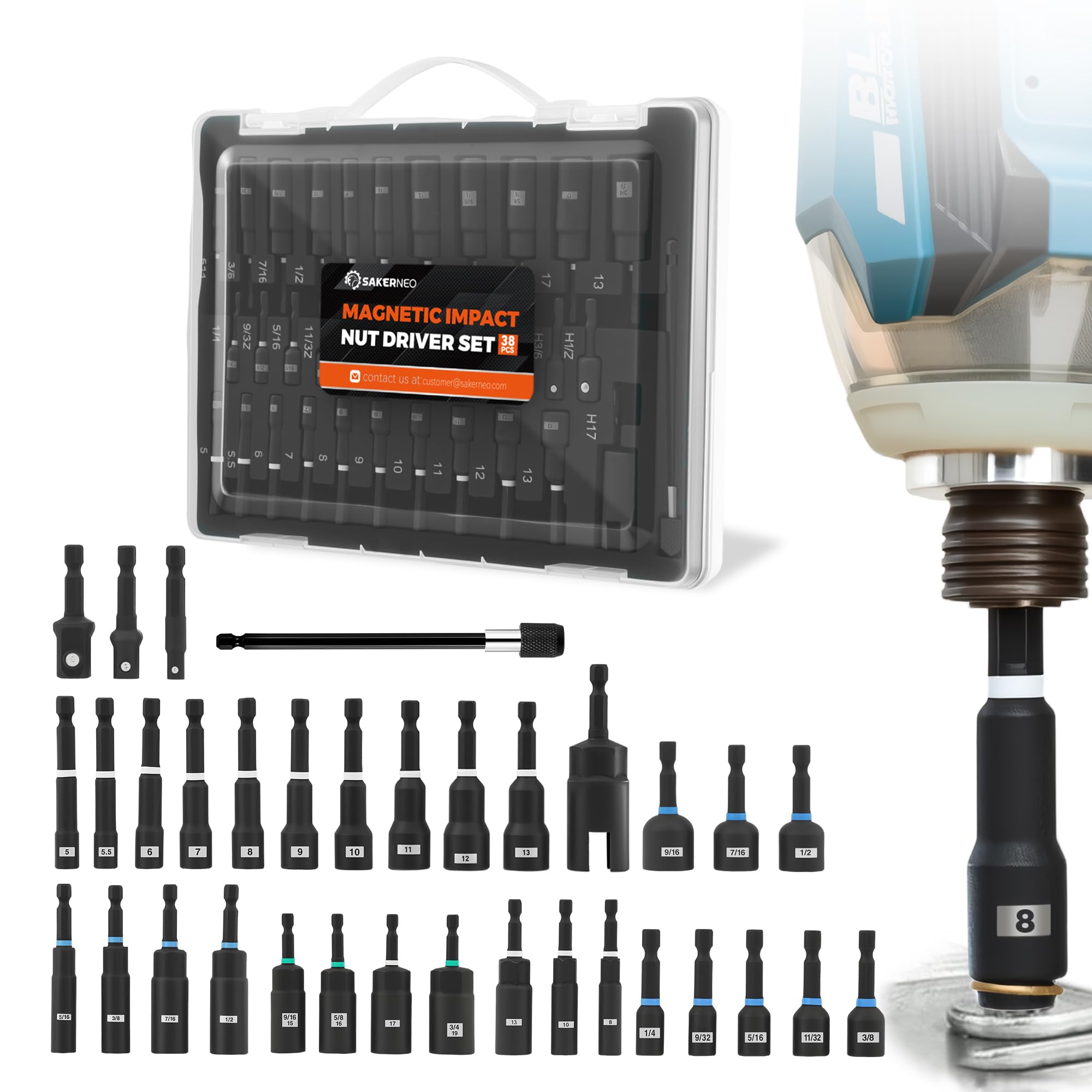 Saker Magnetic Nut Driver Set - Impact-Grade Sockets, Deep Well Sockets, Spark Plug Removal, Hex Adapters & Steel Storage Case for Mechanics (34PCS)