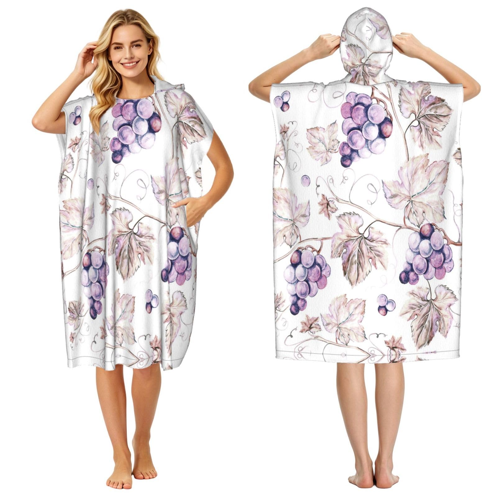 Poncho de surf adulte en microfibre avec capuche imprimé feuilles vigne