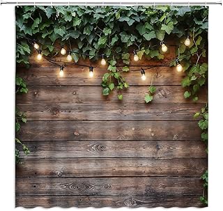 FILMILIL Rustic Wooden Board Shower Curtain Green Leaves Leaf Vine Farmhouse Vintage Wood Grunge Planks Barn Door Country L;IFE Bathroom Curtain Set Polyester Fabric Hooks 70 X 70 Inch