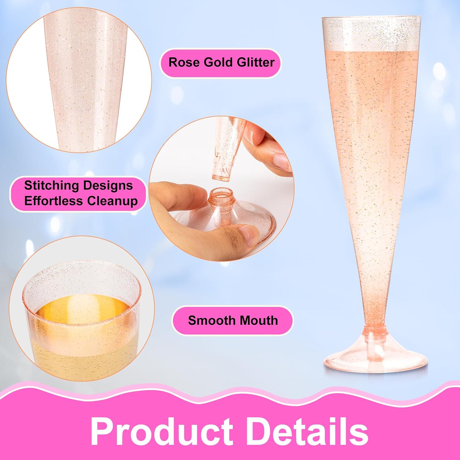 30 Pack Plastic Champagne Flutes,5 OZ Rose Gold Glitter Plastic Glasses,Champagne Flutes Disposable,Toasting Glasses for Party Wedding Mimosa Bars Thanksgiving Day Christmas