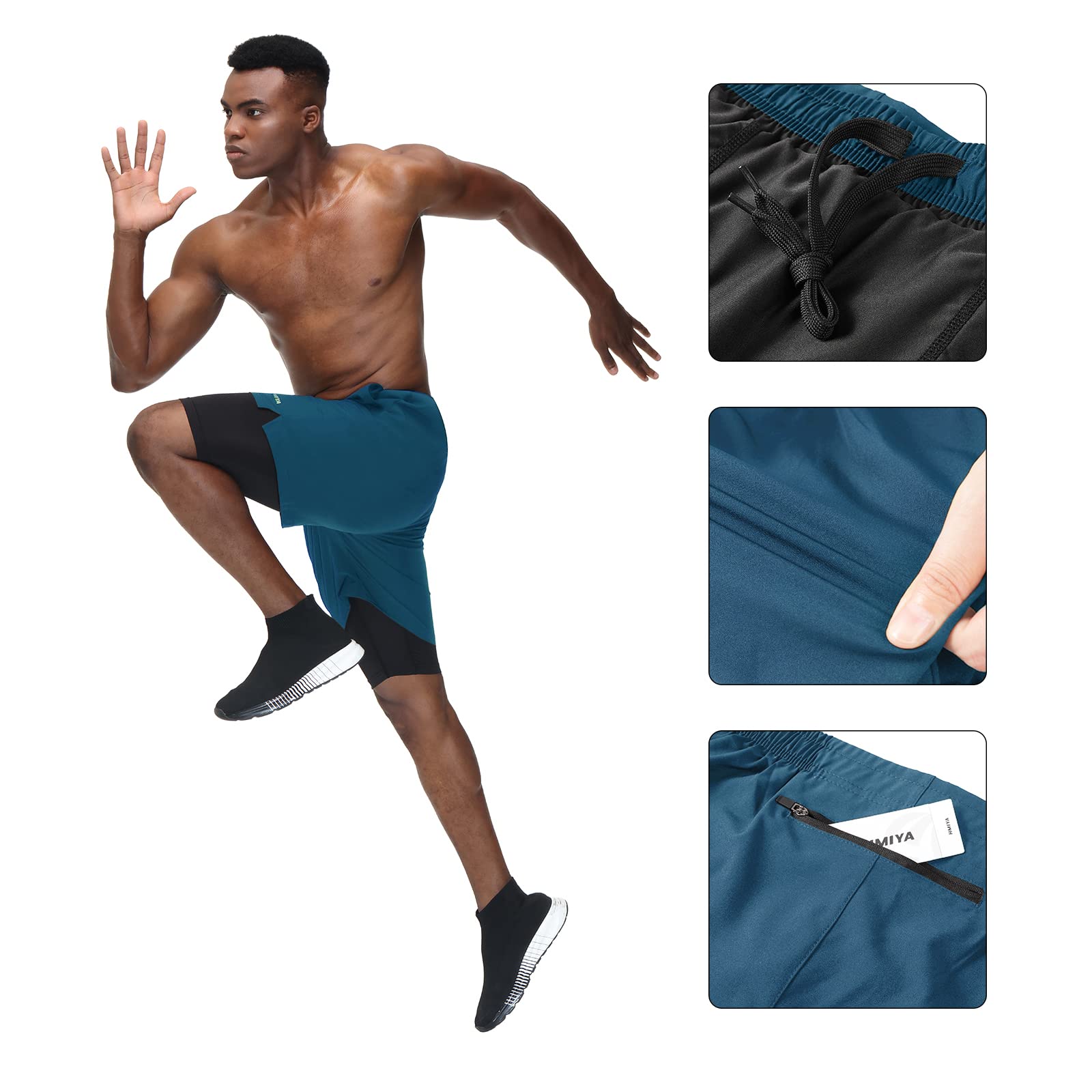 HMIYA Pantaloncini da Running da Uomo 2 in 1 Sportivi Shorts Leggeri e Traspirante Palestra Corsa Calzoncini con Zip Tasche