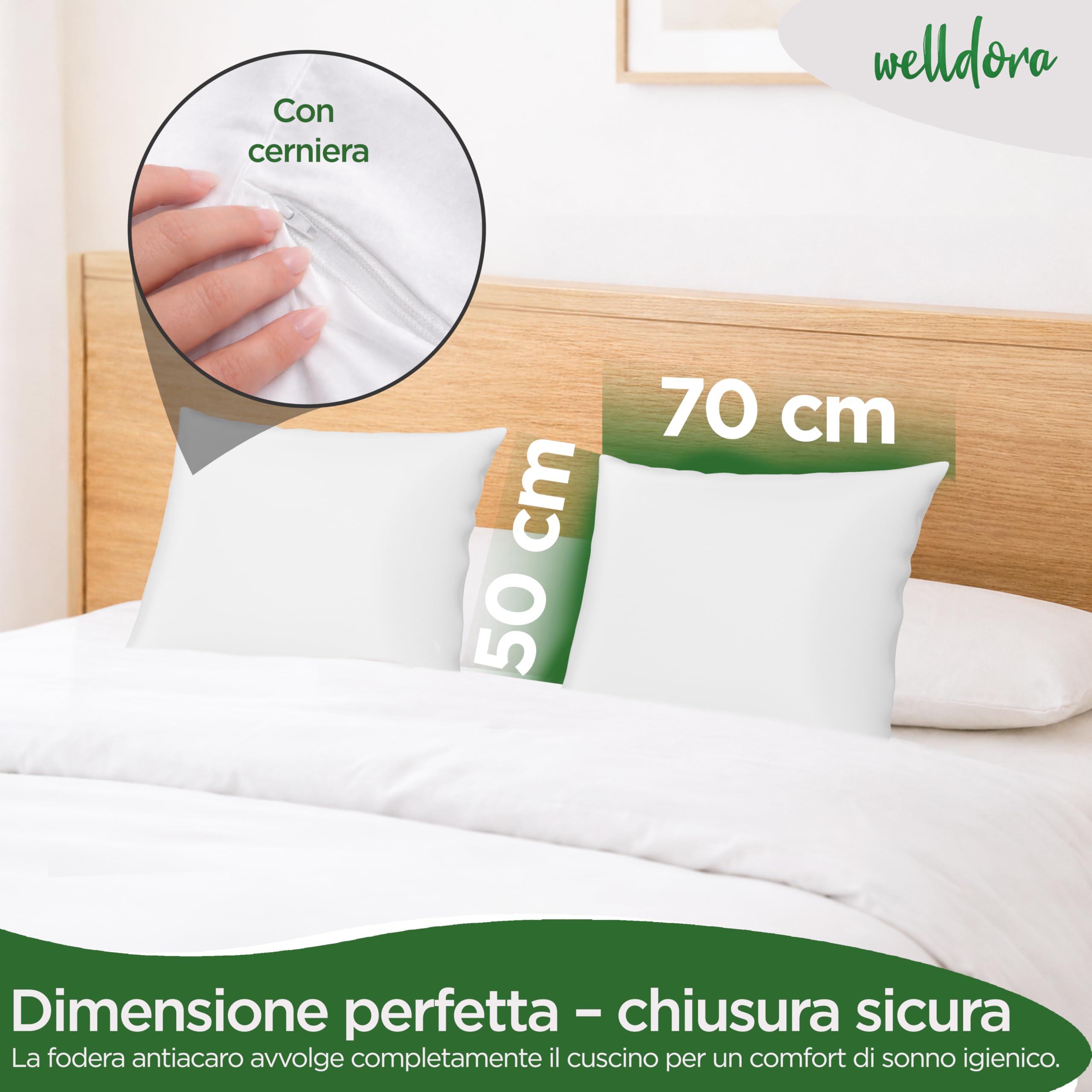 Welldora Set di 2 Copricuscino Antiacaro Anallergico 50 x 70 cm, Federe Antiacaro Antiallergiche Testate, Fodera contro Acari e Cimici dei Letti, Biancheria da Letto