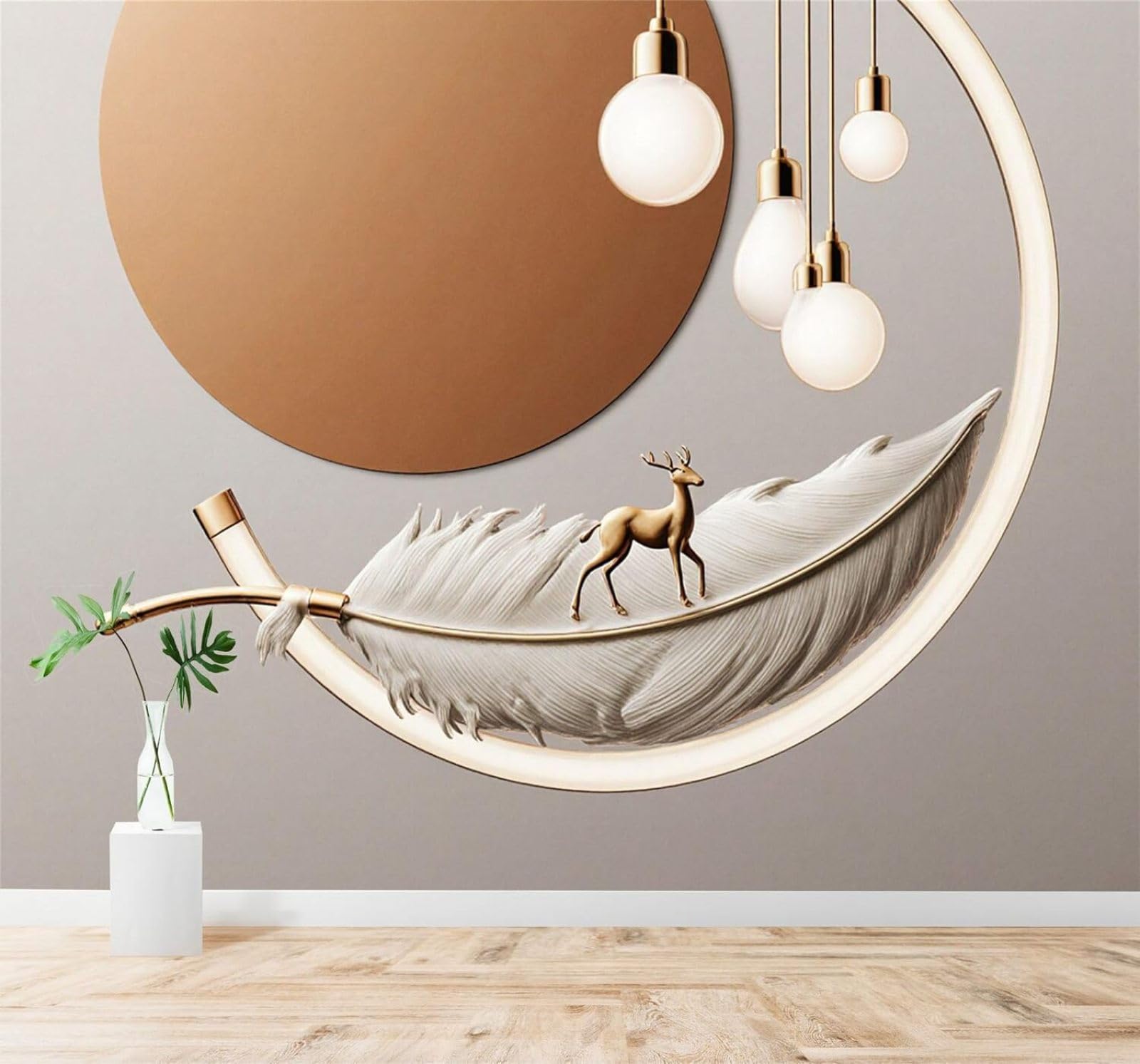 XLMING Golden Deer Feathers Pendant Light Abstract Circles Art 3D Wallpaper Silky Texture Home Study Office Grey Dining Room Sofa Bedroom Living Room TV Backdrop-350cm×256cm