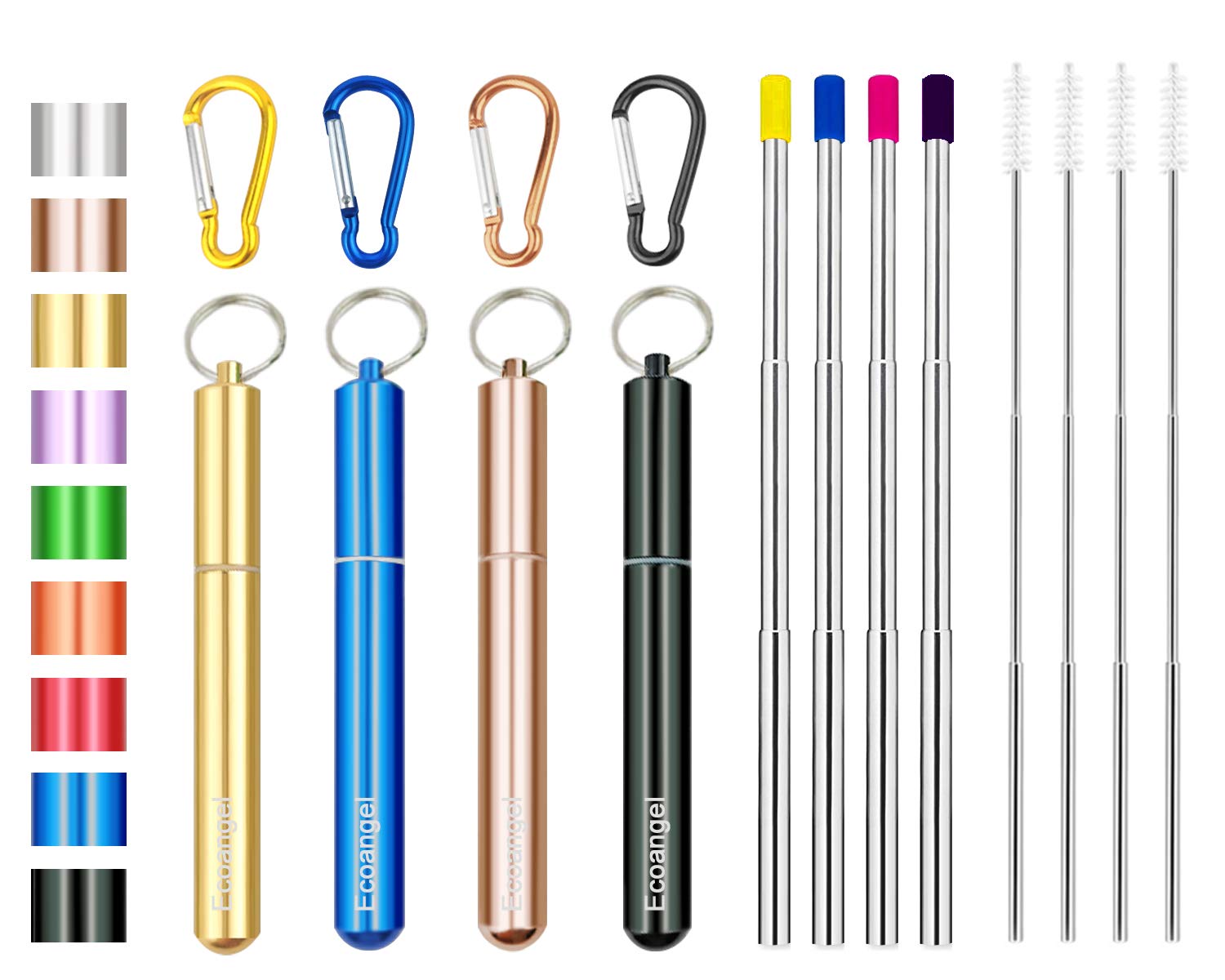 4 Pack Portable Reusable Metal Straw Collapsible Stainless Steel Drinking Straw Telescopic Straw to Drink Water Smoothie with Aluminum Key-chain Case & Cleaning Brush （Black & rose gold & blue & gold）