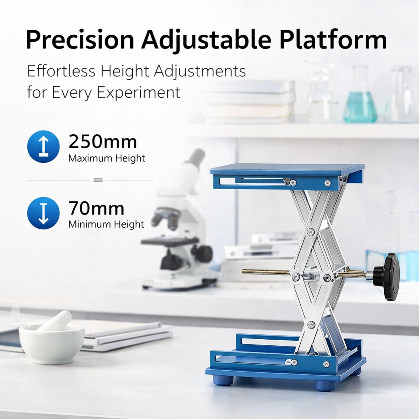 Soporte de plataforma elevadora, estante de tijera de óxido de aluminio, 150 x 150 x 250 mm, altura ajustable, resistente, ideal para elevador de gato de laboratorio y uso en crisol Lar