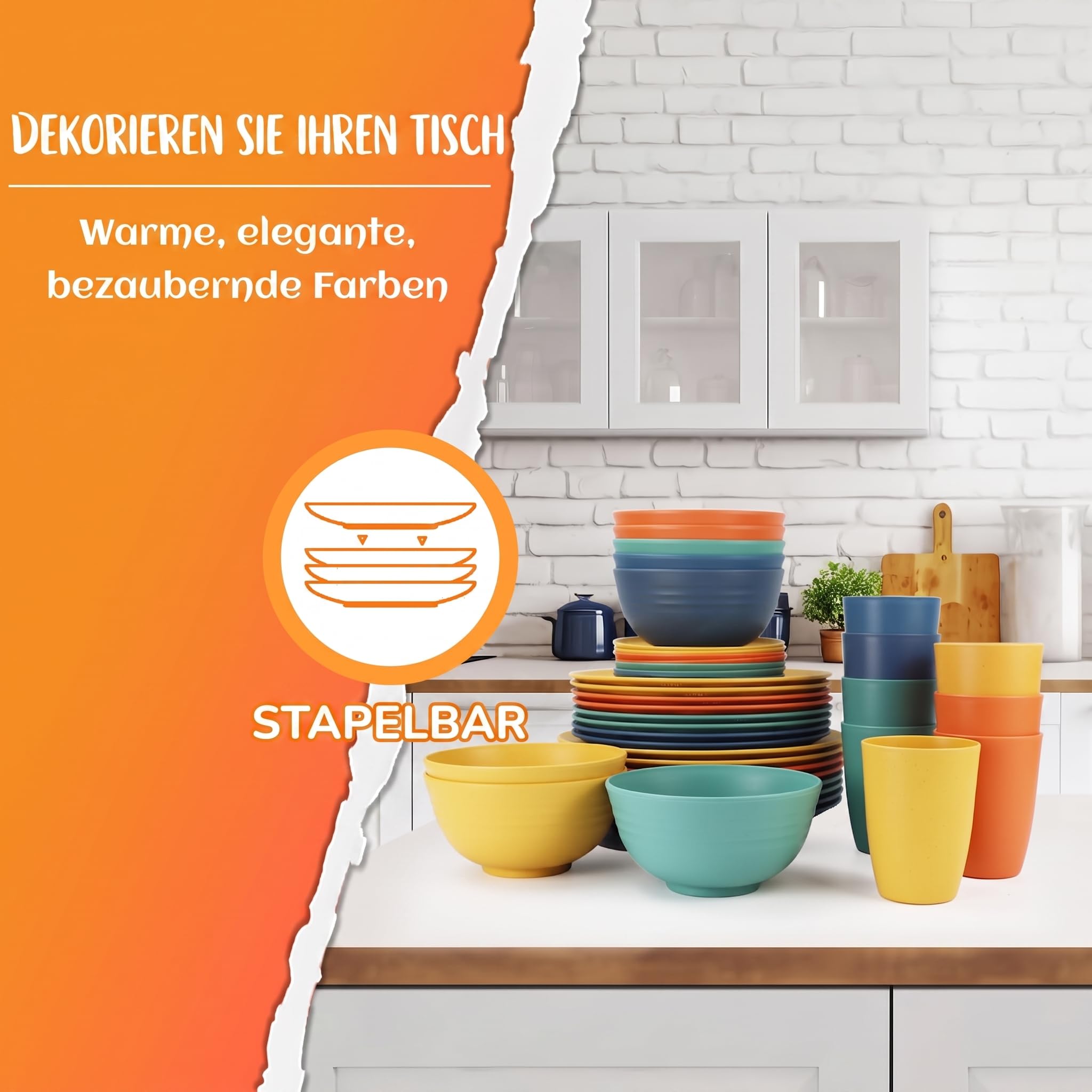 Wrova Set di stoviglie da 40 pezzi, per 8 persone, piatti e ciotole riutilizzabili, con piatti piani, bicchieri, ciotole per cereali, adatte al microonde, multicolore