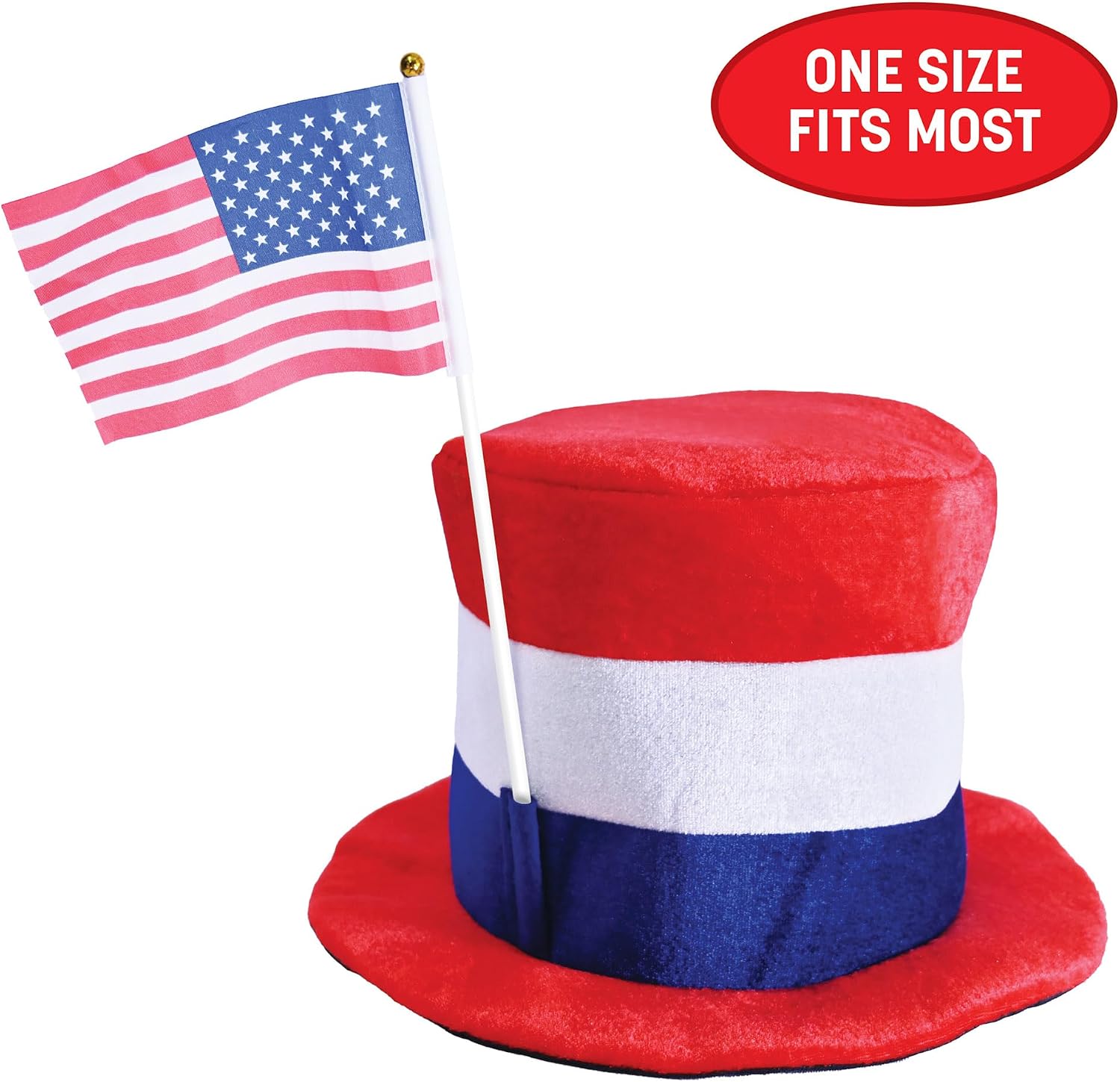 Beistle Plush Patriotic Top Hat with American Flag – Red, White & Blue Striped Headwear with Removable USA Flag, Novelty Americana Accessory for Fourth of July, Memorial Day & Patriotic Event Styling