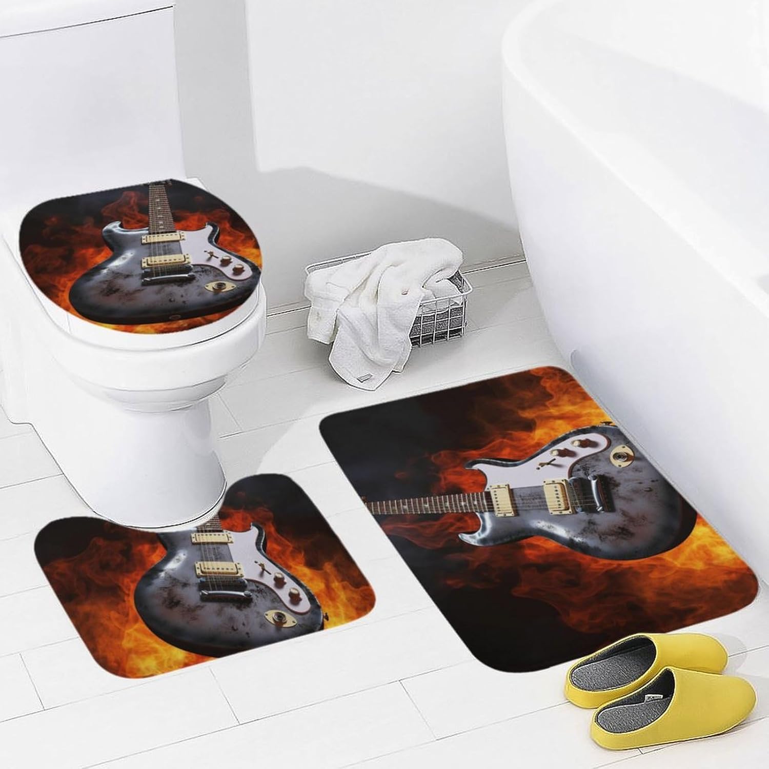 Anti-Skid Floor Mats 3 Piece Set,Rock Guitar Printed Coral Fleece Bathroom Mats U-Shaped Contour Mat Toilet Seat Cover for Bathroom, Tub, Shower, Kitchen 19.7"x31.5"