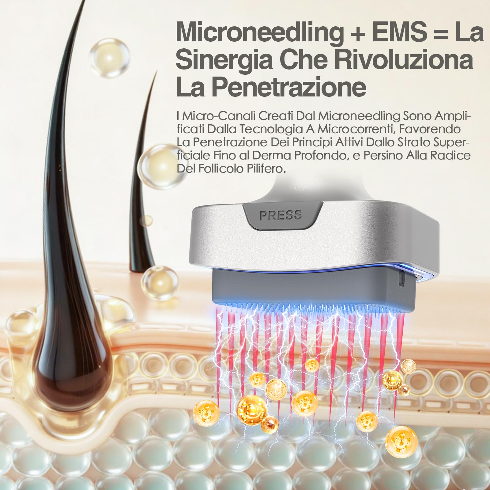 Bio 6 Dermastamp Elettrico Professional 0.5 mm Derma Stamp, 140 Aghi in Acciaio Inox di Alta Qualità, Vibrazione ad Alta Frequenza, Cura con Luce Rossa e Blu, per Capelli, Barba, Viso, Corpo