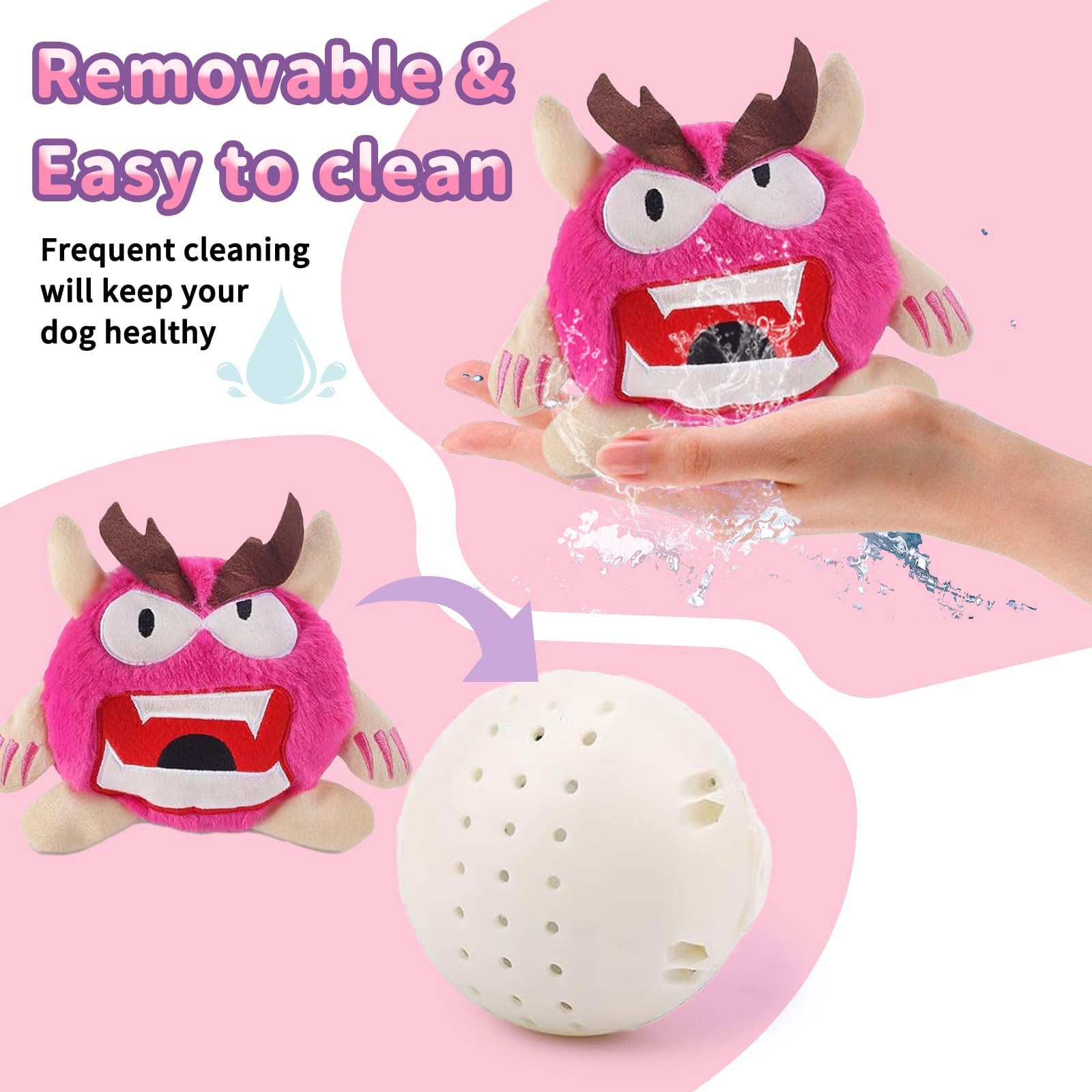 Jouets interactifs pour chien pour l'ennui - Balle en peluche interactive en forme de monstre - Jouet couineur pour chien - Jouet électronique d'exercice pour chiot - Rose